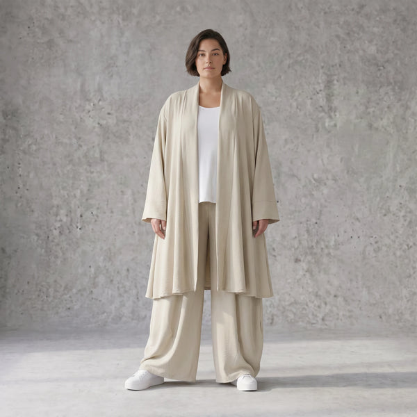 Zeitloser Beige Cardigan Lagenlook Oversize leger ausgefallen mit Leinenoptik Schalkragen