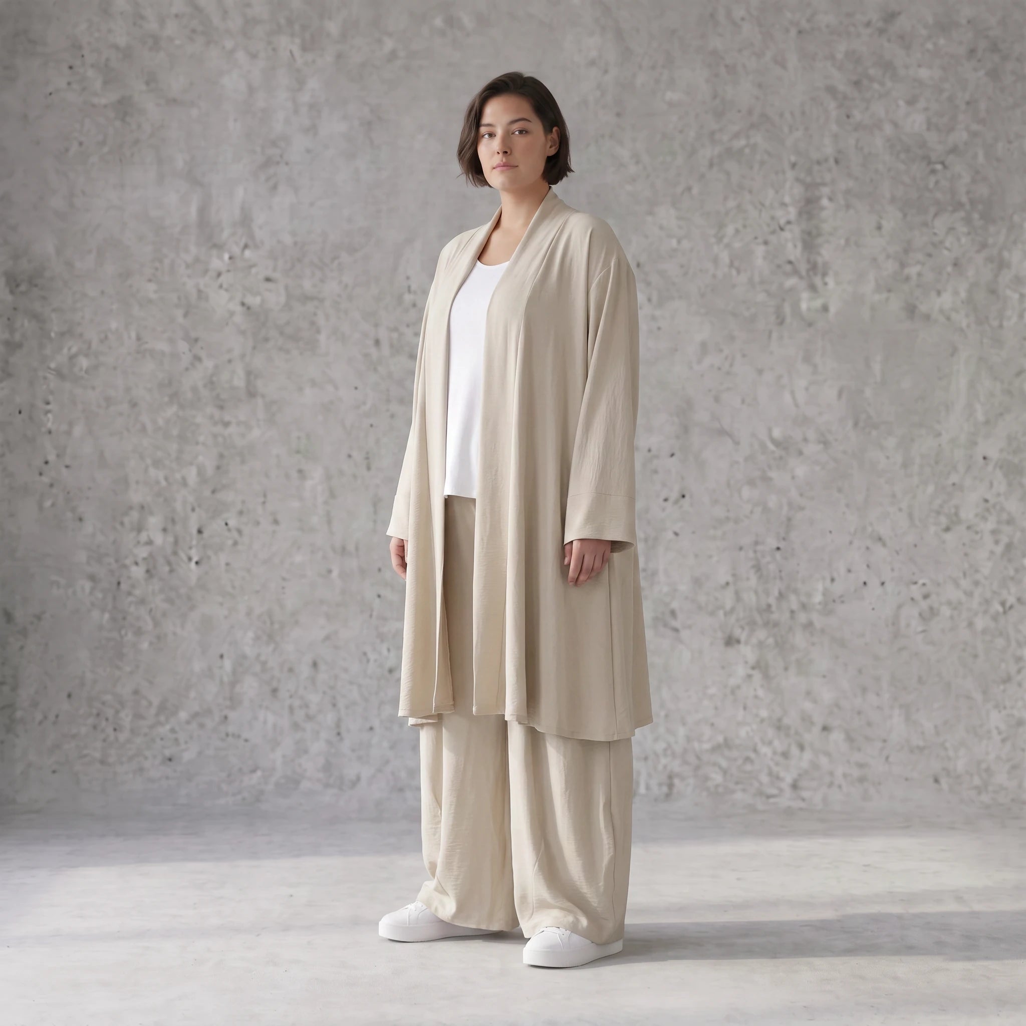 Zeitloser Beige Cardigan Lagenlook Oversize leger ausgefallen mit Leinenoptik Schalkragen