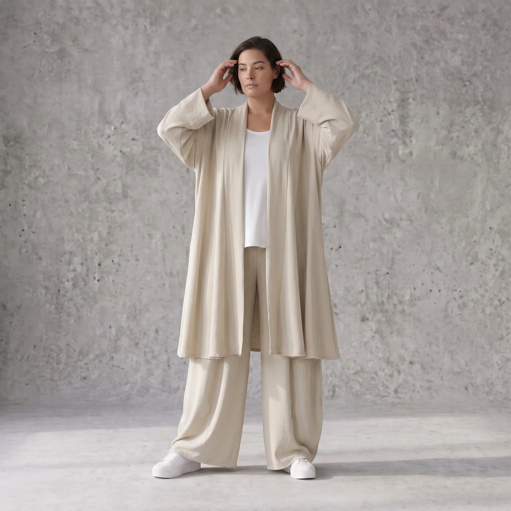 Zeitloser Beige Cardigan Lagenlook Oversize leger ausgefallen mit Leinenoptik Schalkragen
