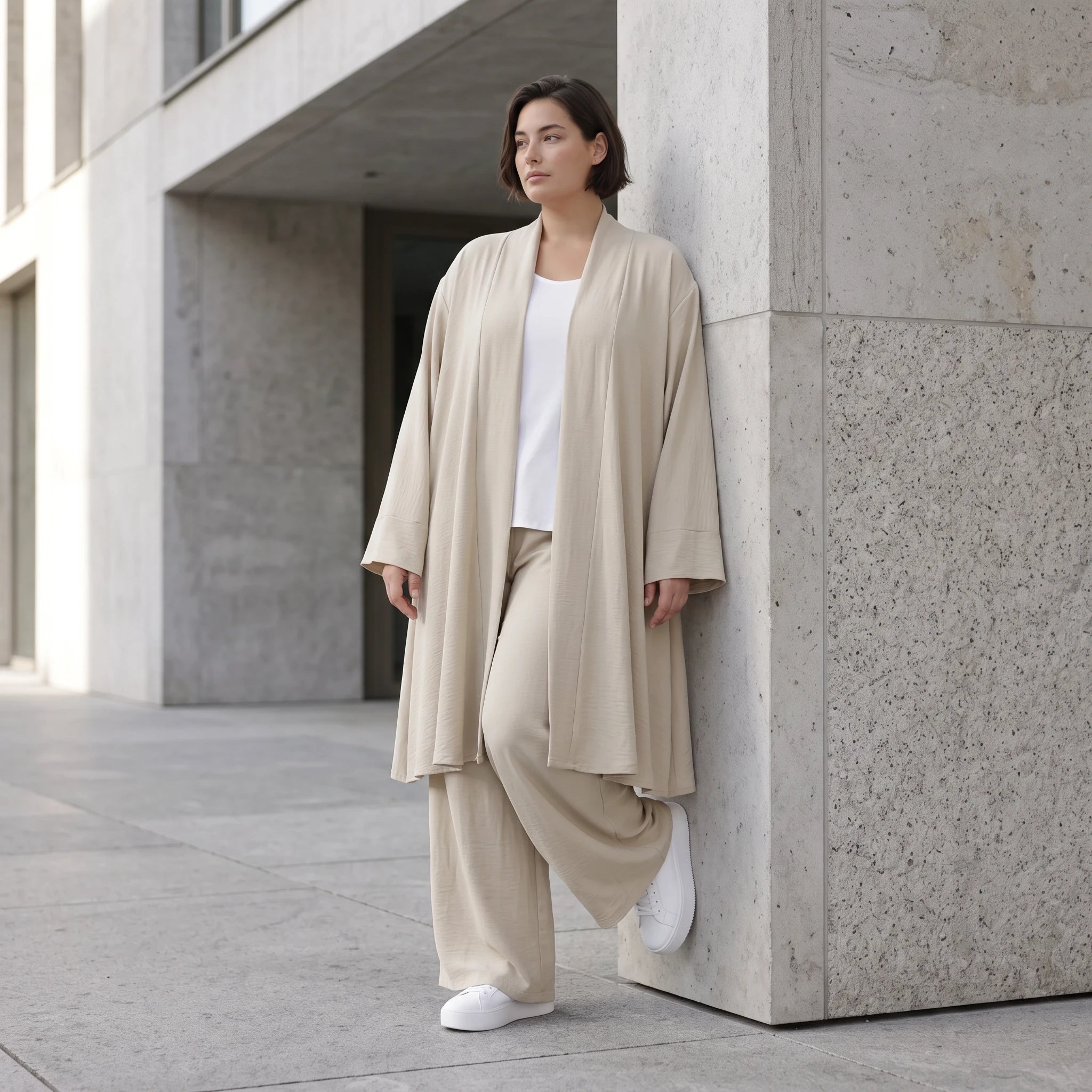 Zeitloser Beige Cardigan Lagenlook Oversize leger ausgefallen mit Leinenoptik Schalkragen
