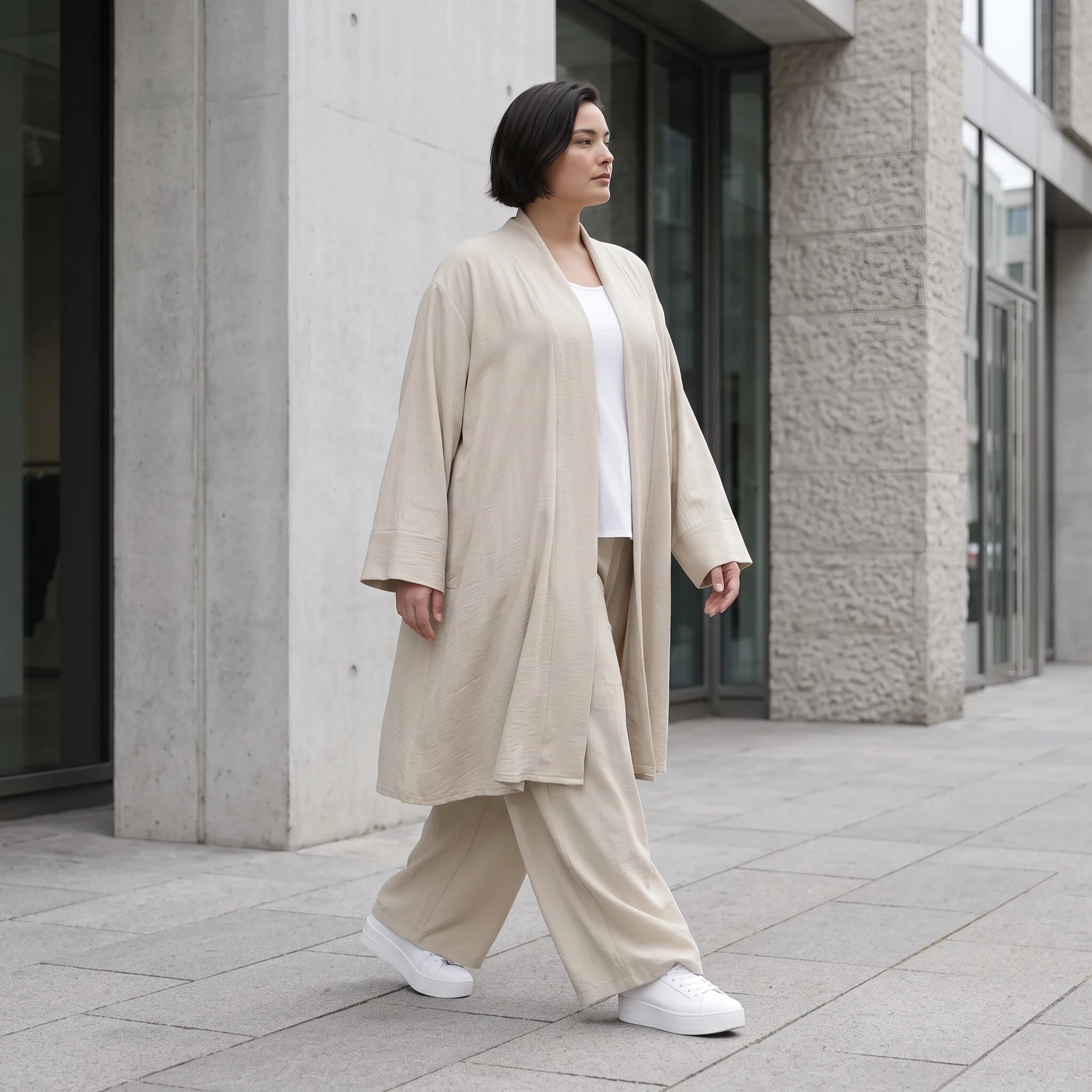 Zeitloser Beige Cardigan Lagenlook Oversize leger ausgefallen mit Leinenoptik Schalkragen
