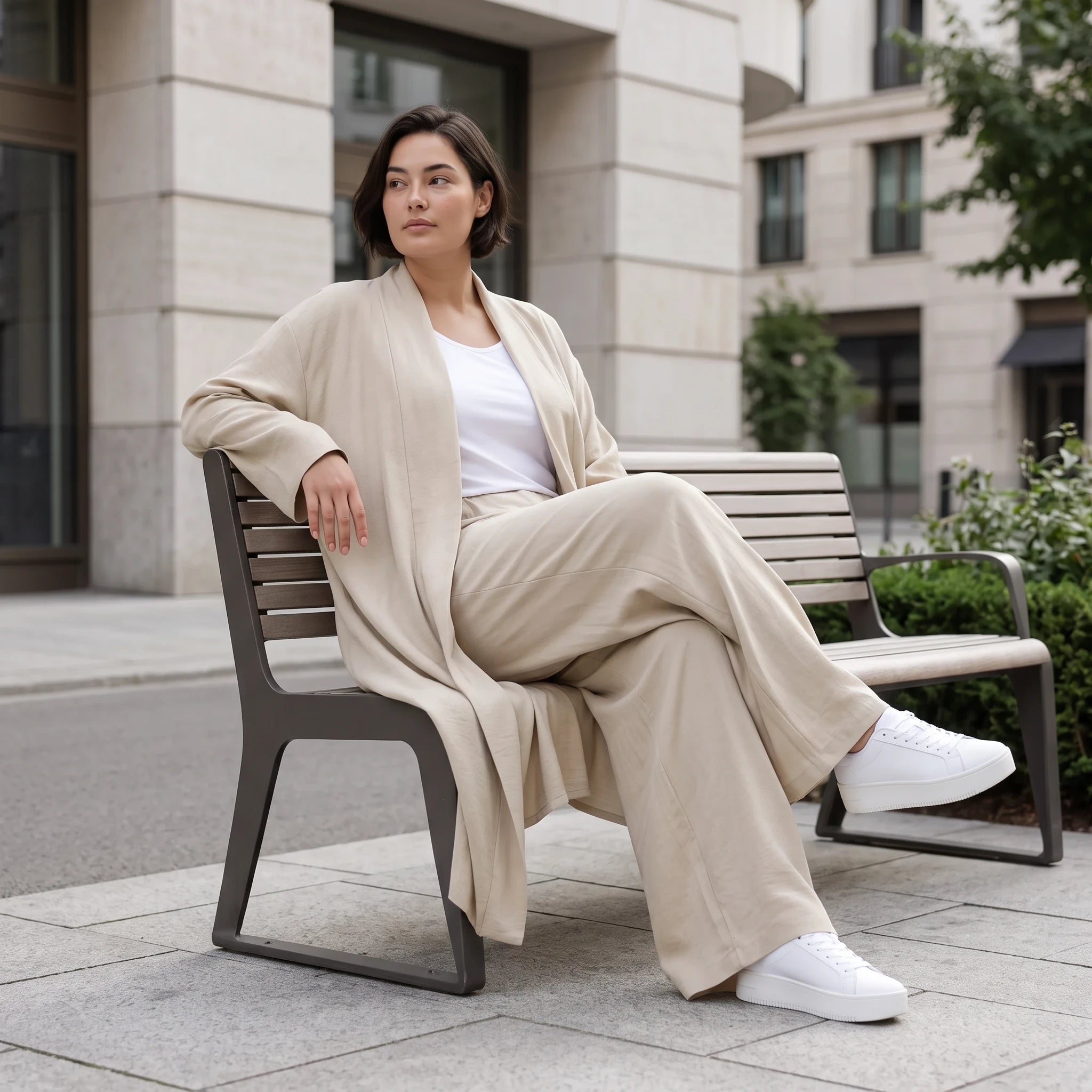 Zeitloser Beige Cardigan Lagenlook Oversize leger ausgefallen mit Leinenoptik Schalkragen