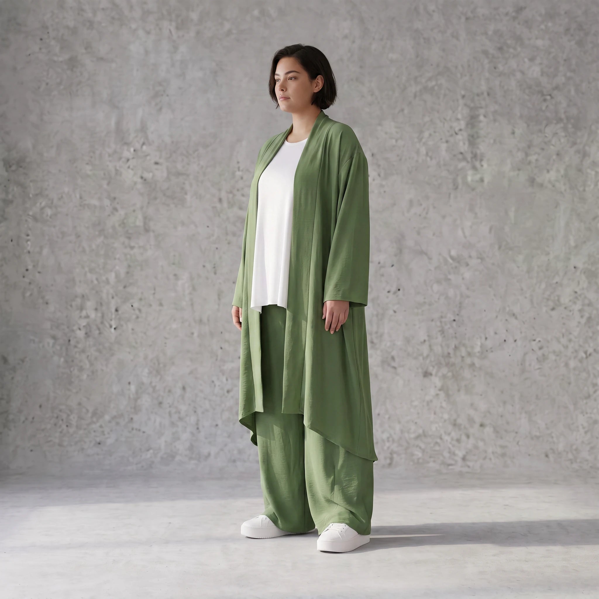 Fliessender Khaki Cardigan im Lagenlook leger Oversize mit angenehmem Leinenfeeling chic