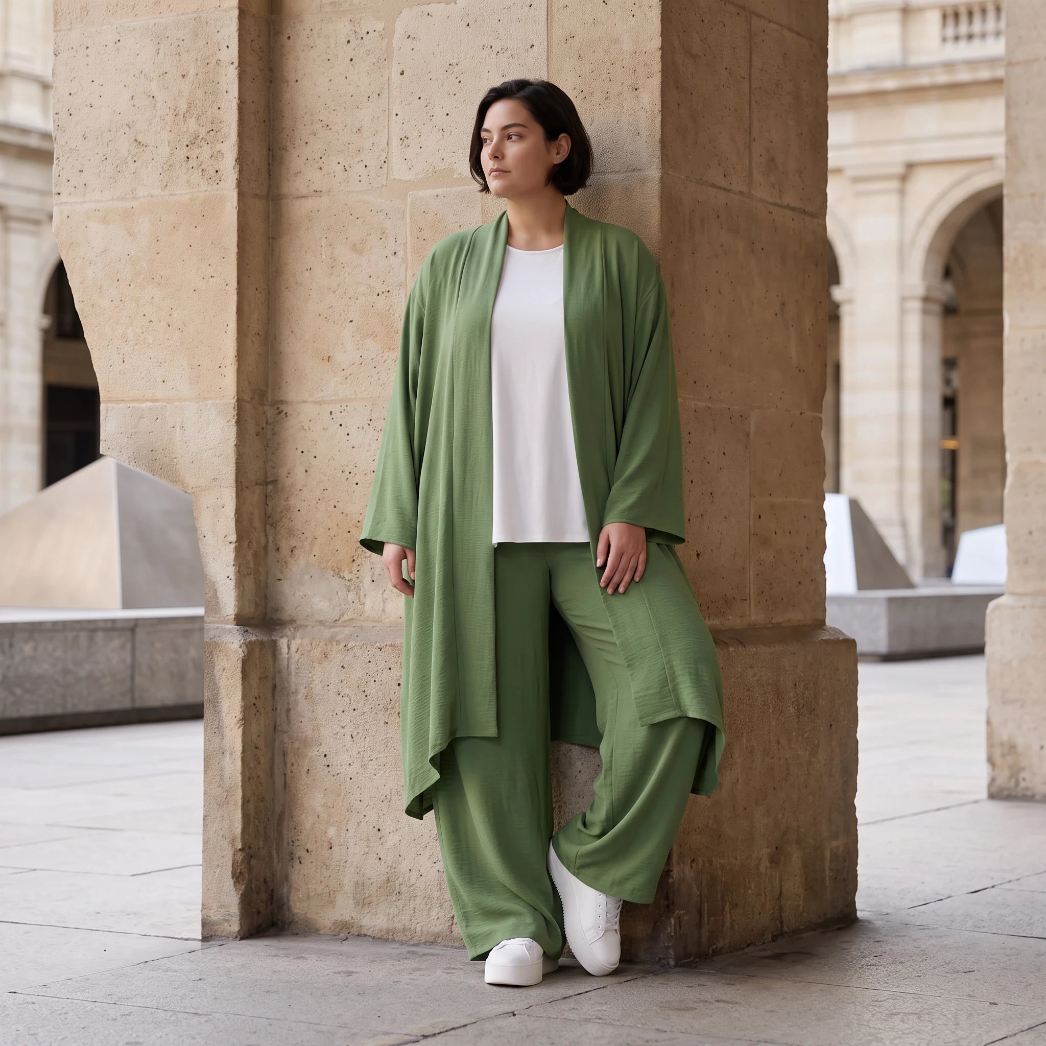 Fliessender Khaki Cardigan im Lagenlook leger Oversize mit angenehmem Leinenfeeling chic