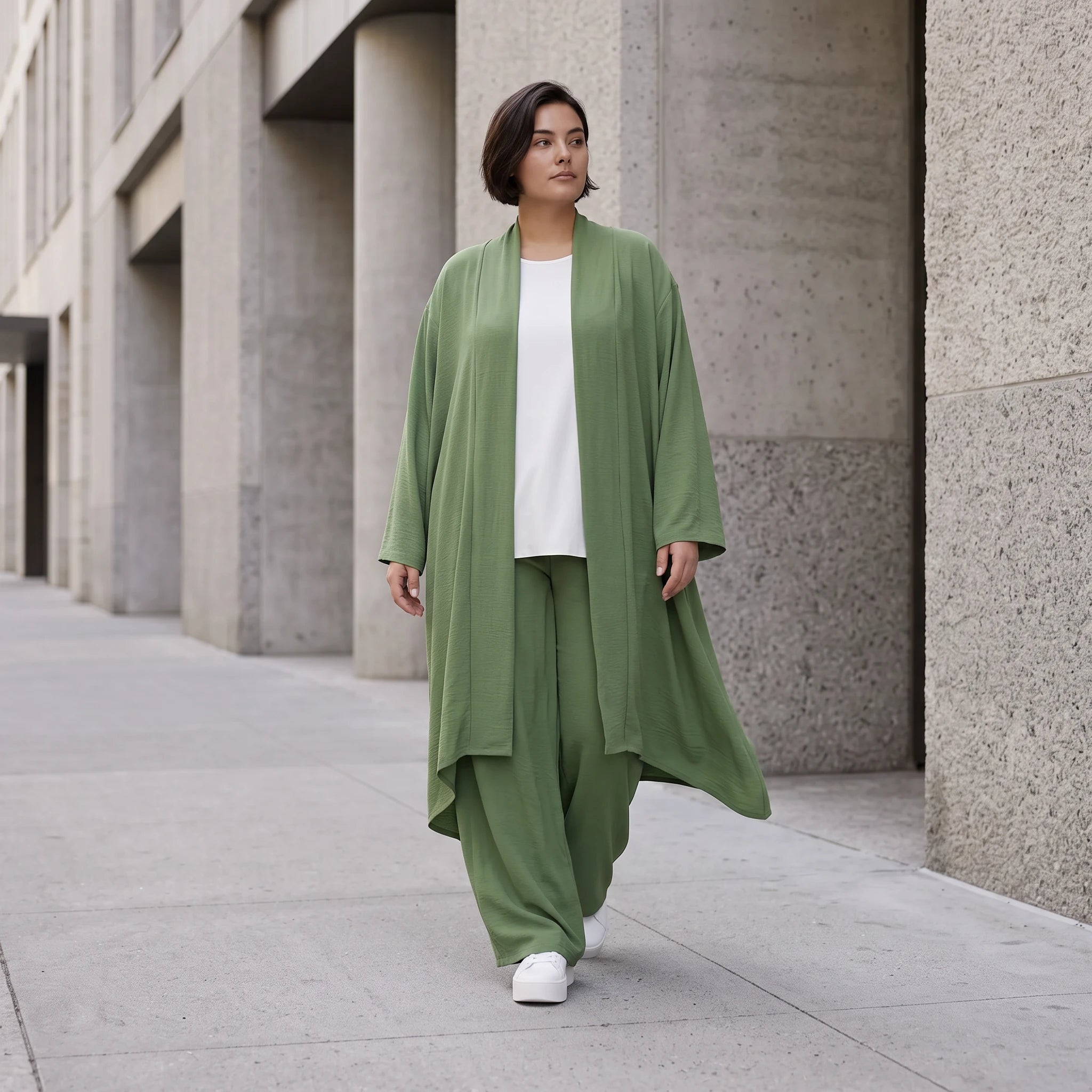 Fliessender Khaki Cardigan im Lagenlook leger Oversize mit angenehmem Leinenfeeling chic