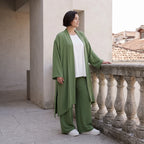 Fliessender Khaki Cardigan im Lagenlook leger Oversize mit angenehmem Leinenfeeling chic