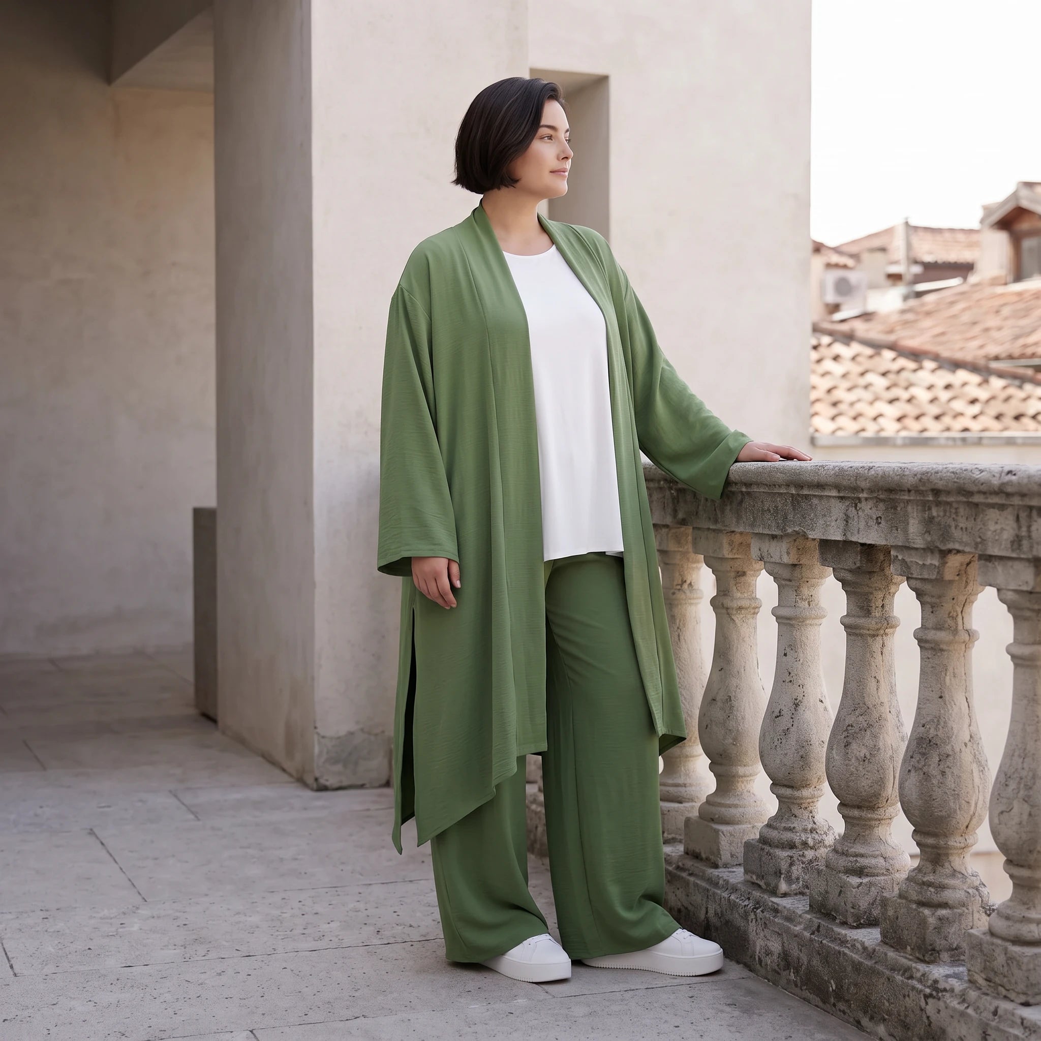 Fliessender Khaki Cardigan im Lagenlook leger Oversize mit angenehmem Leinenfeeling chic