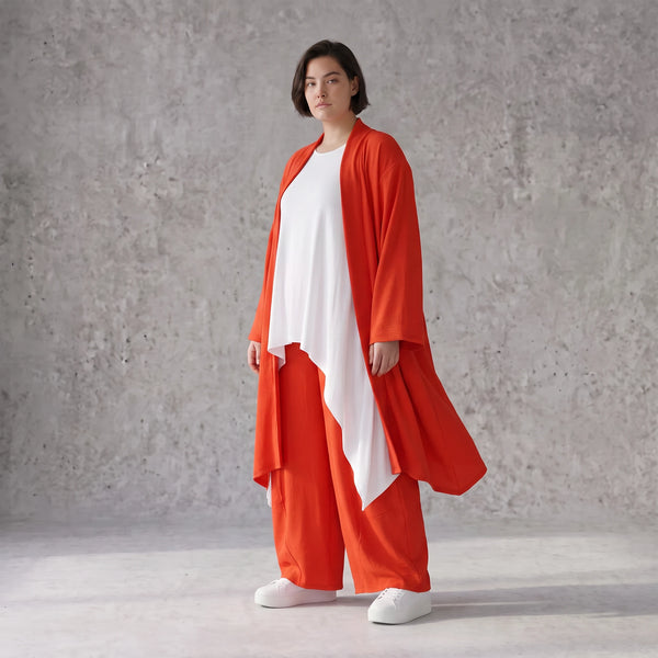 Leichter Oversize Cardigan in Hellrot fliessend mit Leinenoptik Lagenlook luftig zeitlos