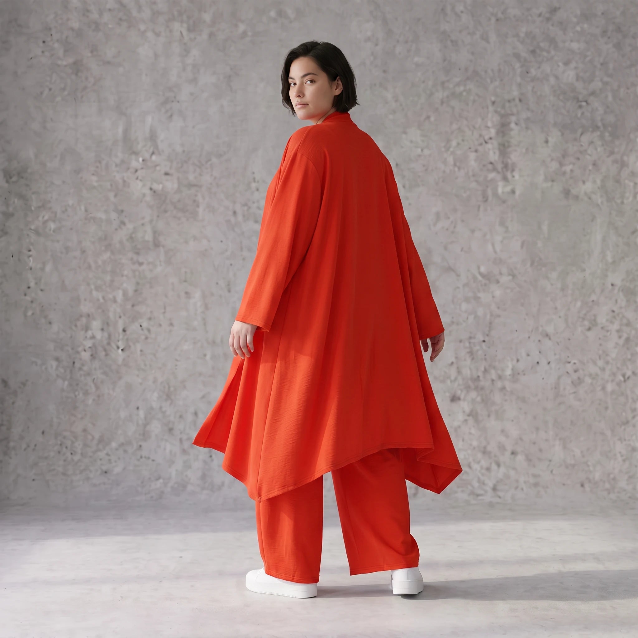 Leichter Oversize Cardigan in Hellrot fliessend mit Leinenoptik Lagenlook luftig zeitlos