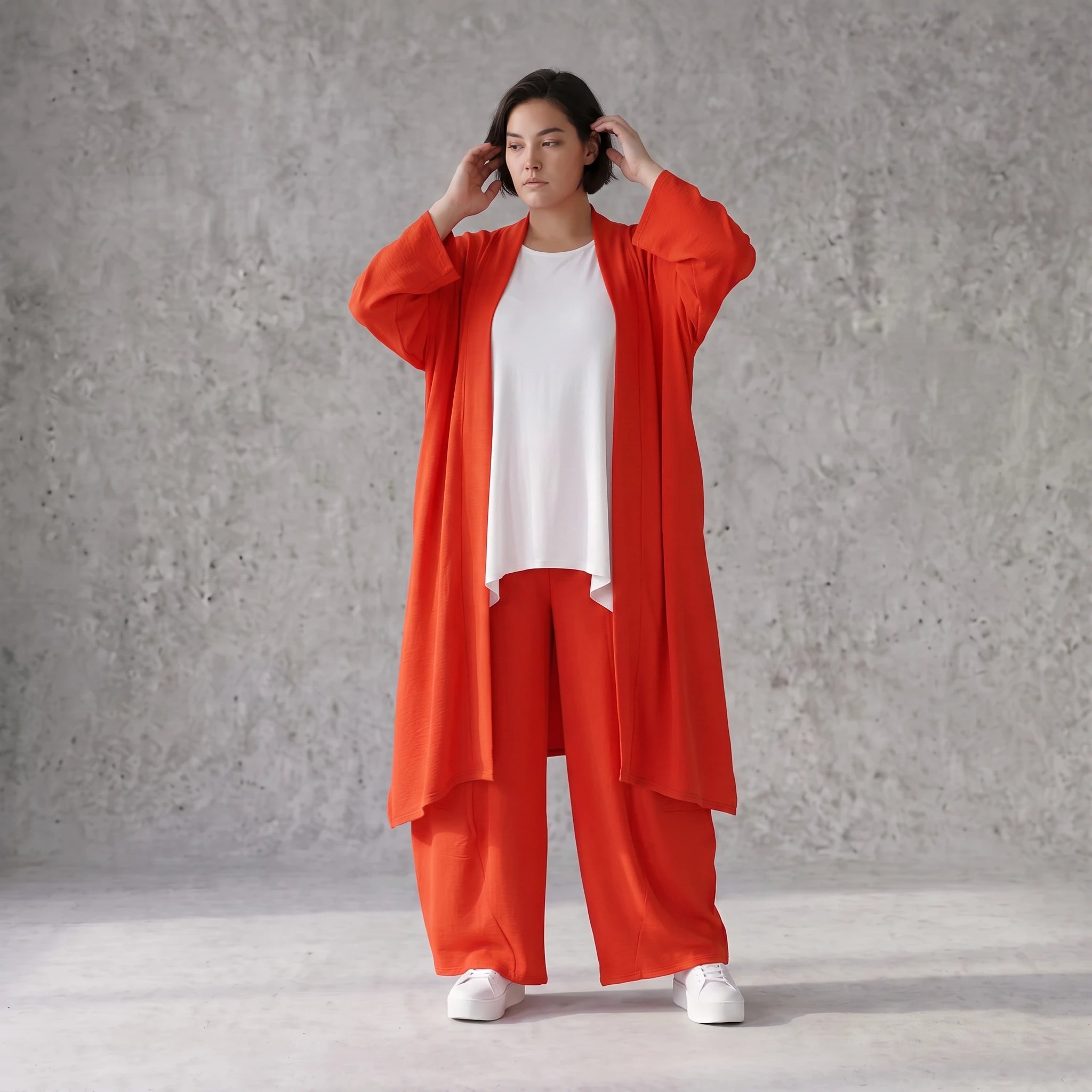 Leichter Oversize Cardigan in Hellrot fliessend mit Leinenoptik Lagenlook luftig zeitlos