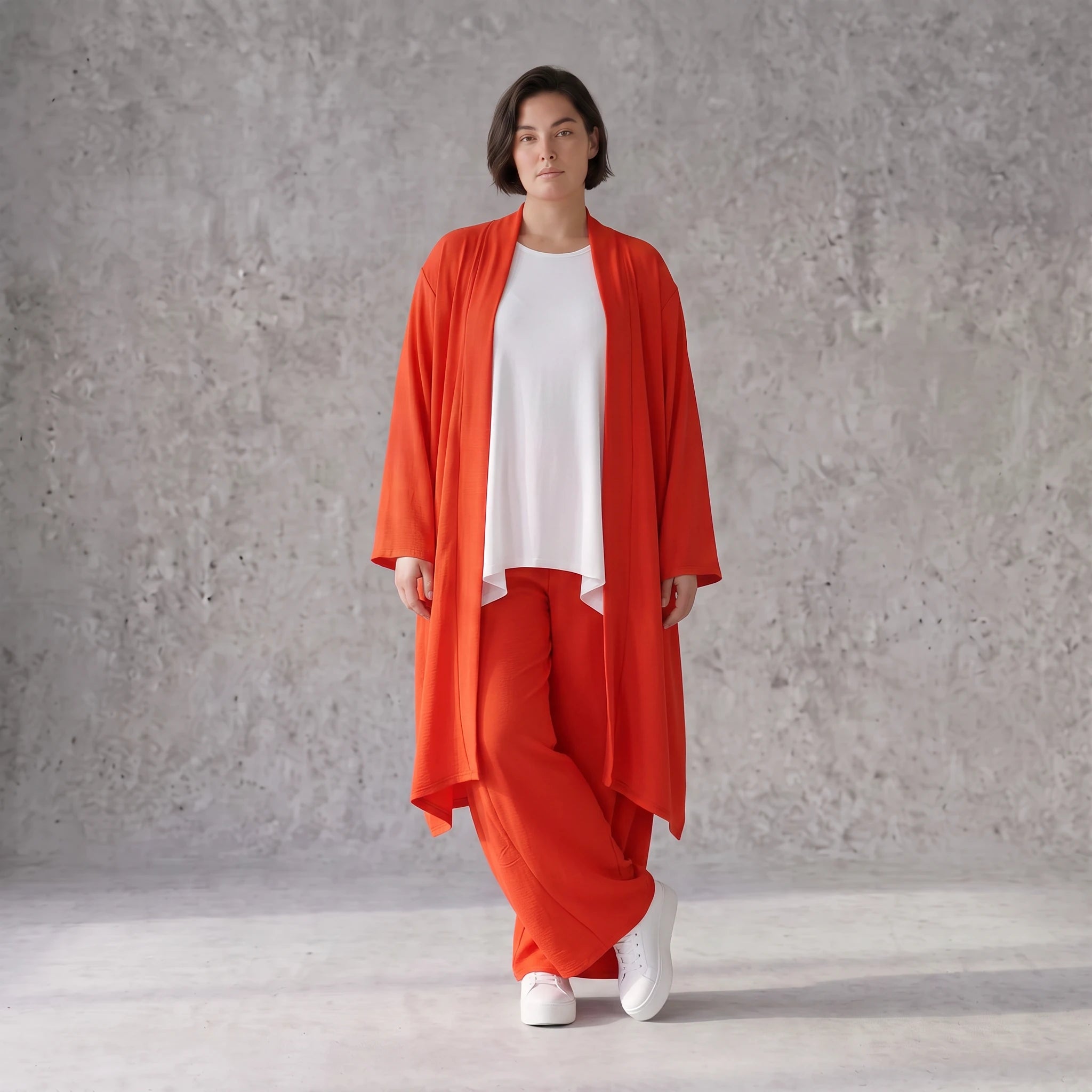 Leichter Oversize Cardigan in Hellrot fliessend mit Leinenoptik Lagenlook luftig zeitlos