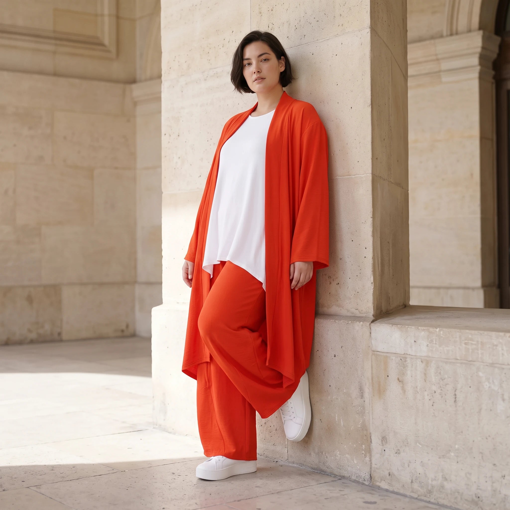 Leichter Oversize Cardigan in Hellrot fliessend mit Leinenoptik Lagenlook luftig zeitlos