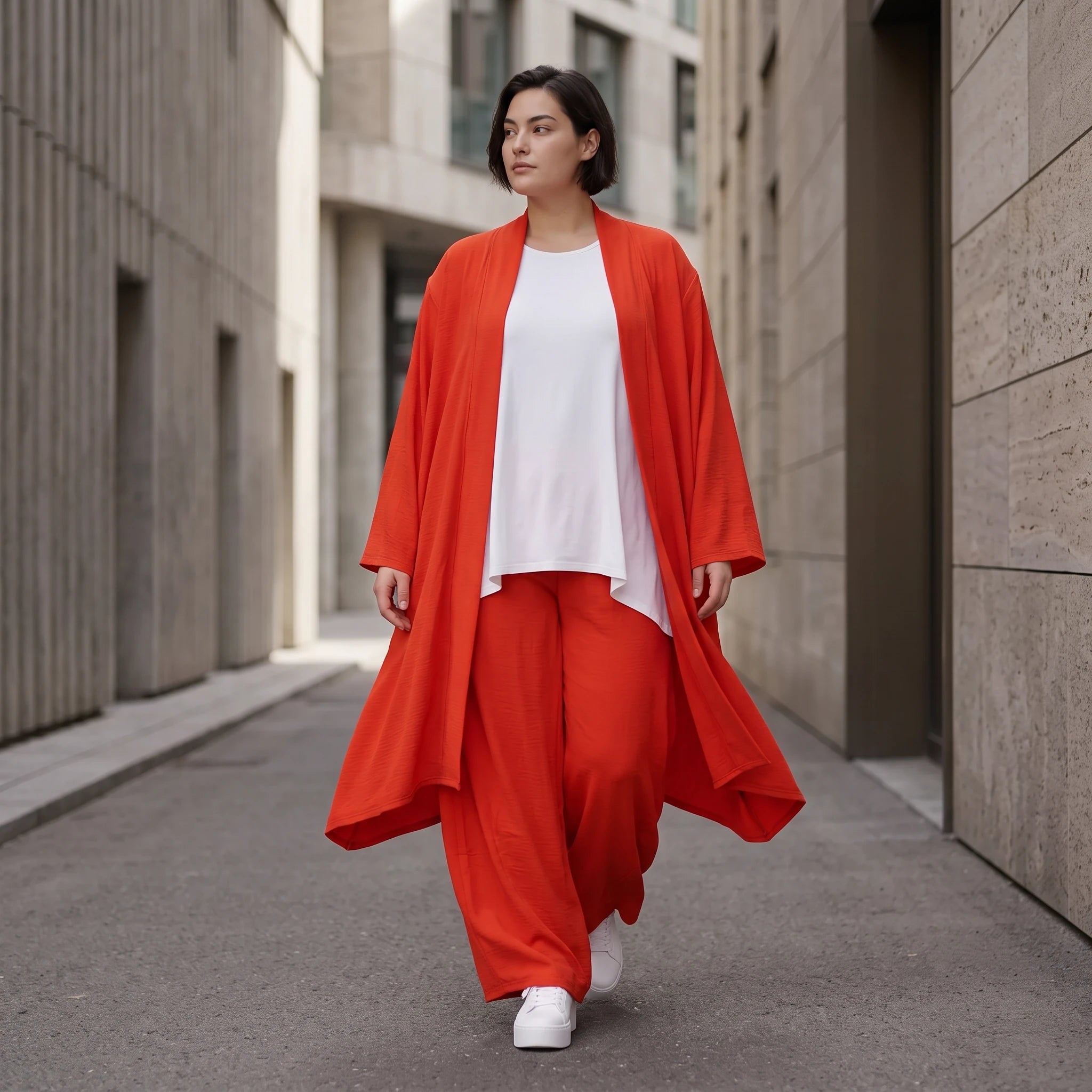 Leichter Oversize Cardigan in Hellrot fliessend mit Leinenoptik Lagenlook luftig zeitlos