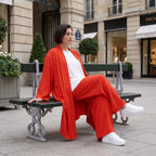 Leichter Oversize Cardigan in Hellrot fliessend mit Leinenoptik Lagenlook luftig zeitlos