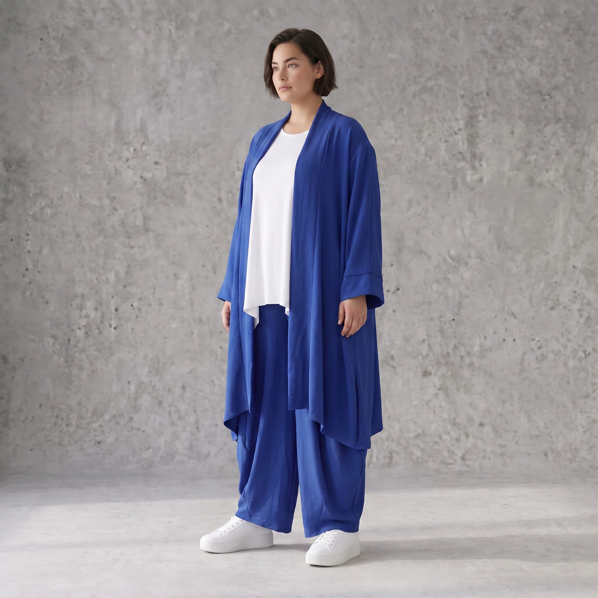 Fliessend geschnittener Cardigan Royalblau Leinenoptik Oversize Lagenlook luftig zeitlos
