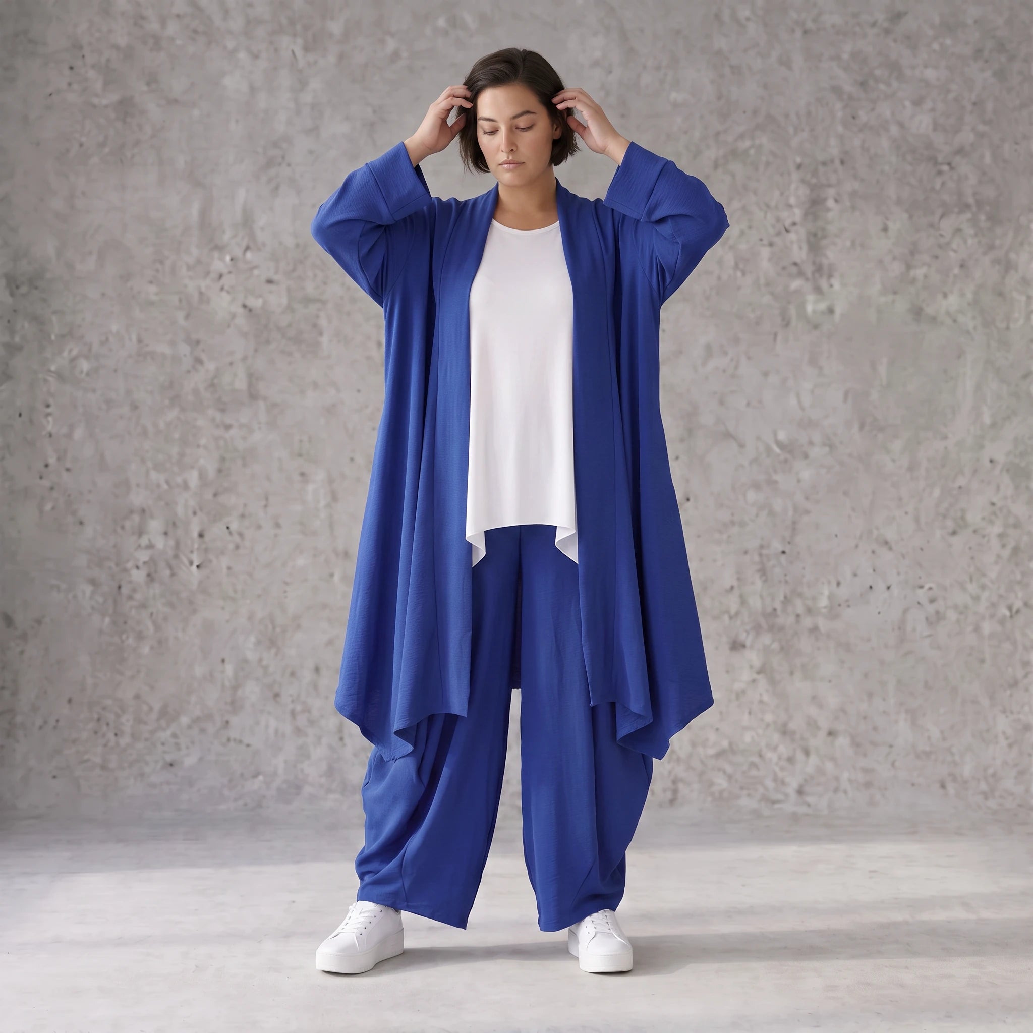 Fliessend geschnittener Cardigan Royalblau Leinenoptik Oversize Lagenlook luftig zeitlos