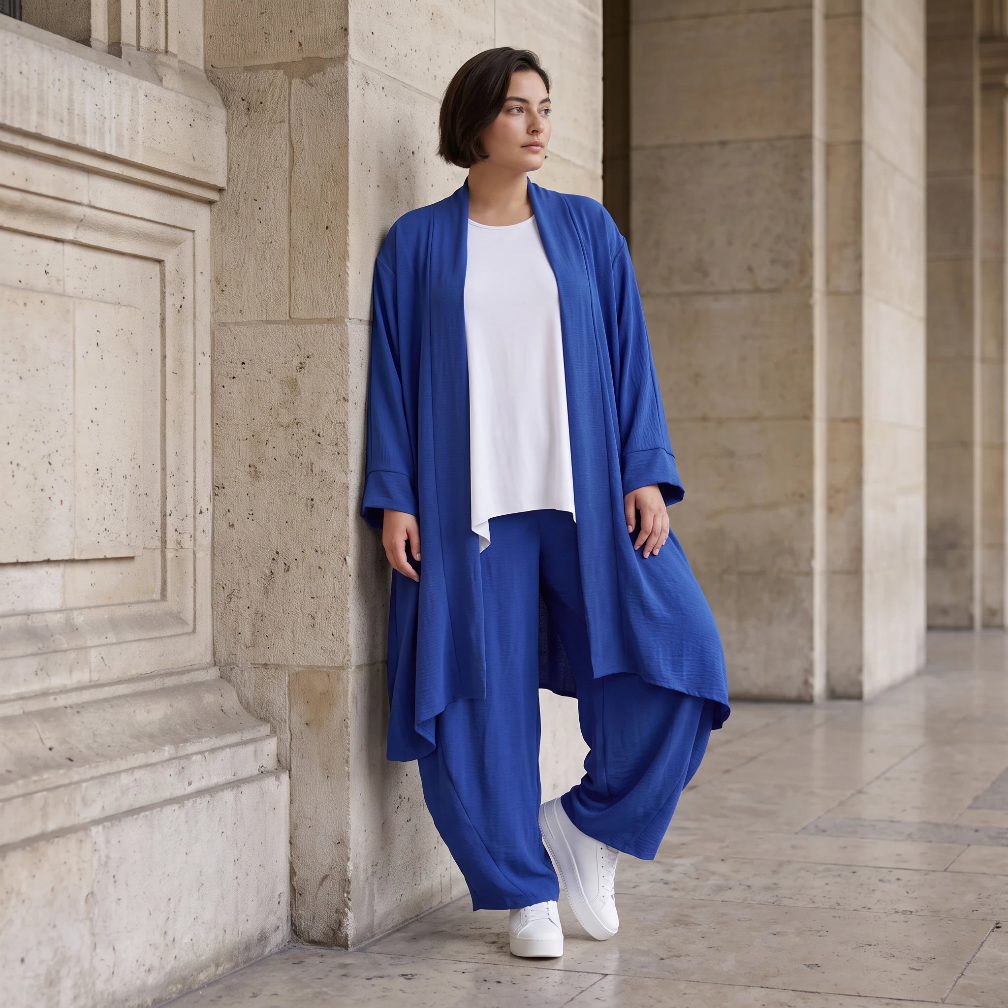 Fliessend geschnittener Cardigan Royalblau Leinenoptik Oversize Lagenlook luftig zeitlos