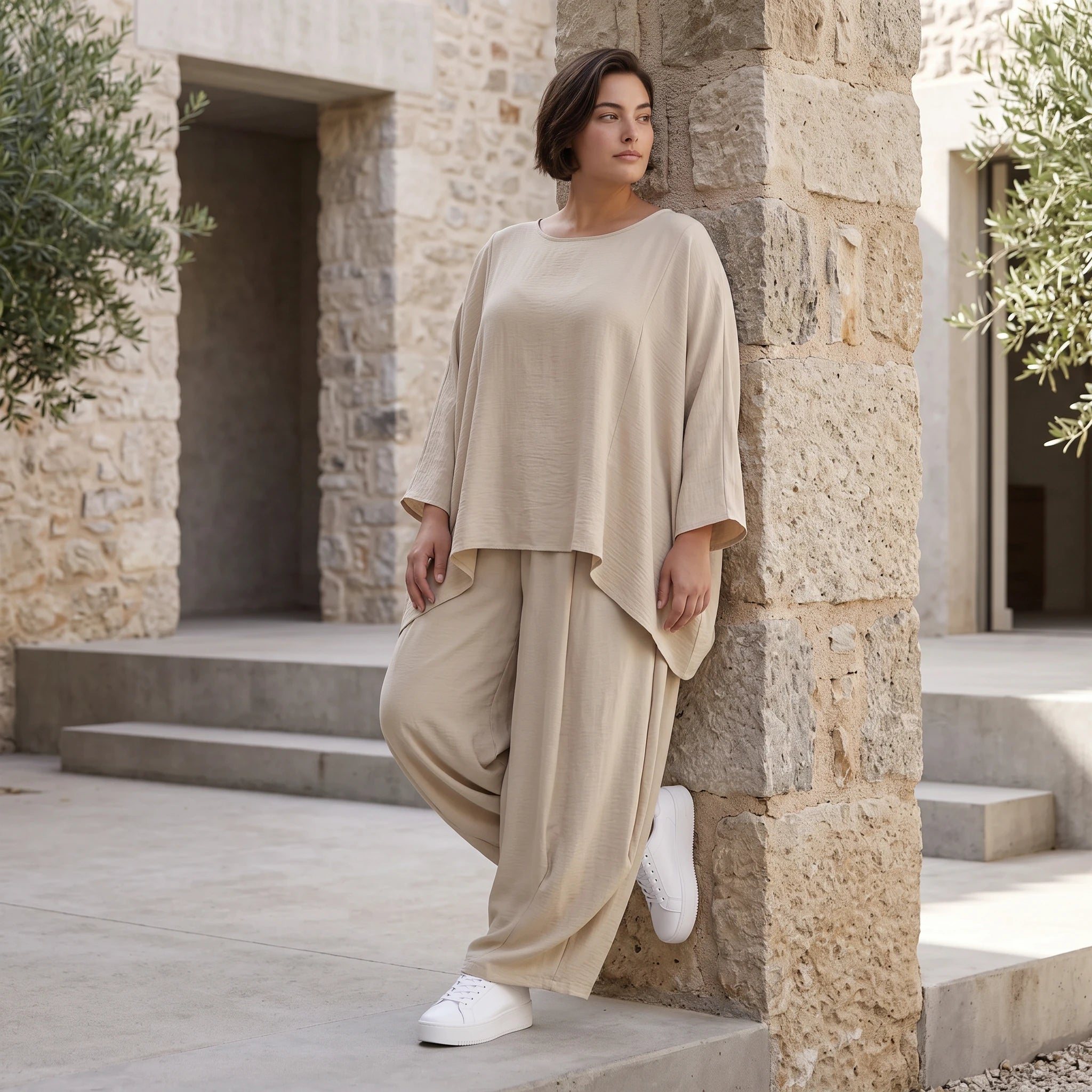 Zeitloses Beige Oversize Shirt im Lagenlook leger ausgefallen luftig mit Leinenoptik cool