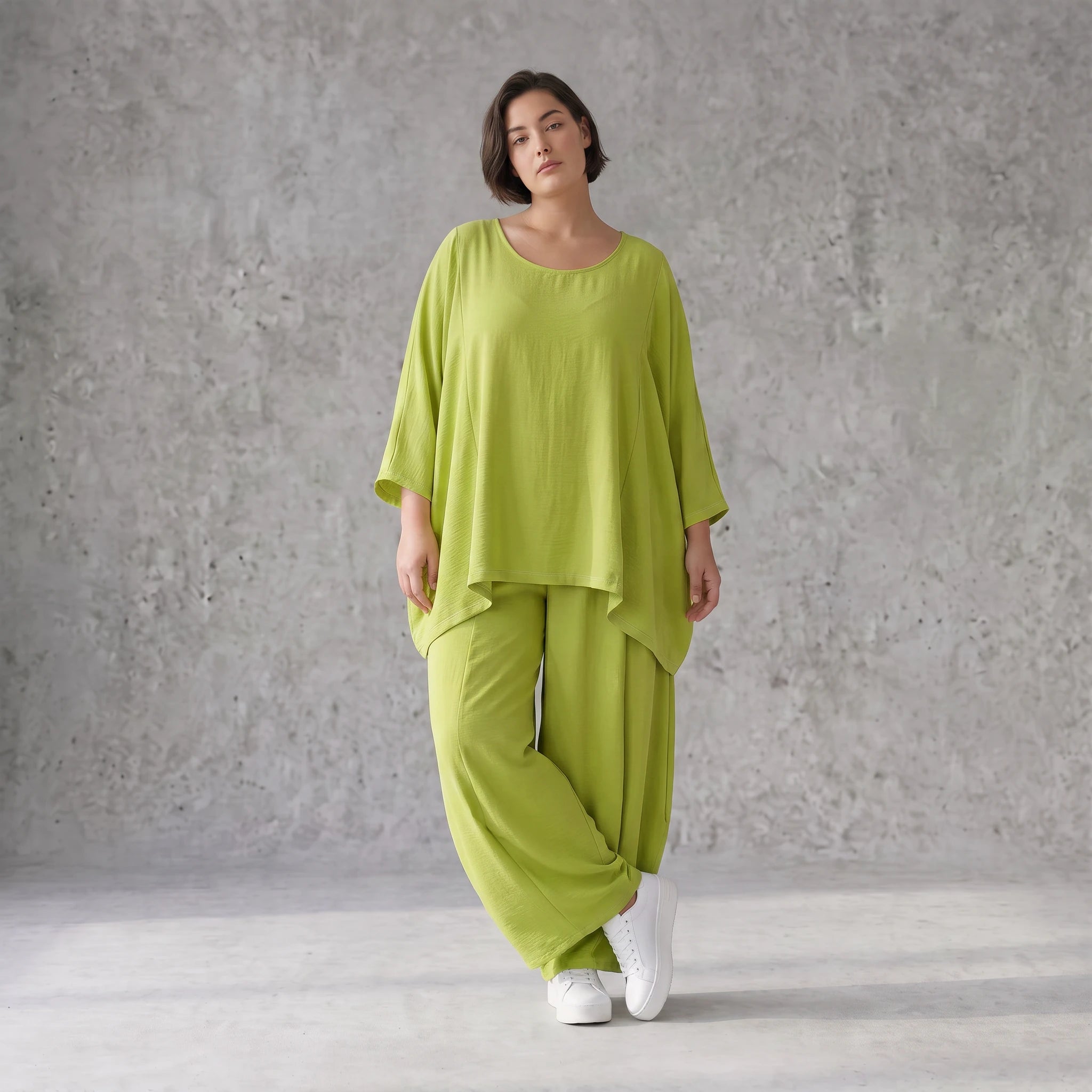Apfelgrün Oversize Shirt im Lagenlook leger ausgefallen mit Leinenoptik luftig asymmetrisch