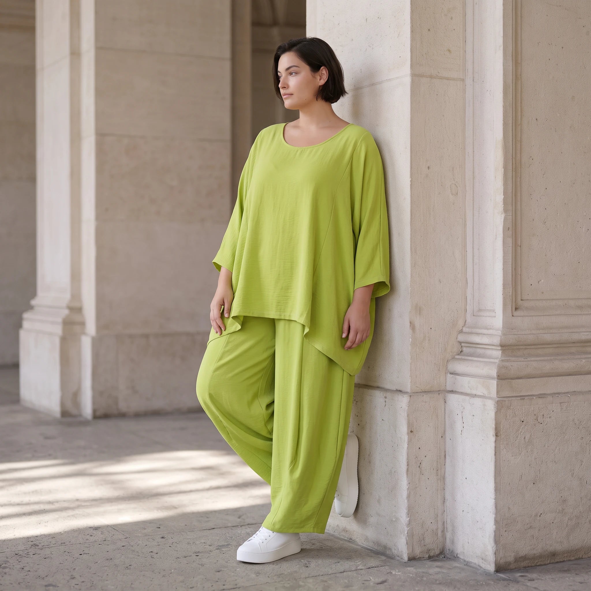 Apfelgrün Oversize Shirt im Lagenlook leger ausgefallen mit Leinenoptik luftig asymmetrisch