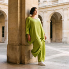 Apfelgrün Oversize Shirt im Lagenlook leger ausgefallen mit Leinenoptik luftig asymmetrisch