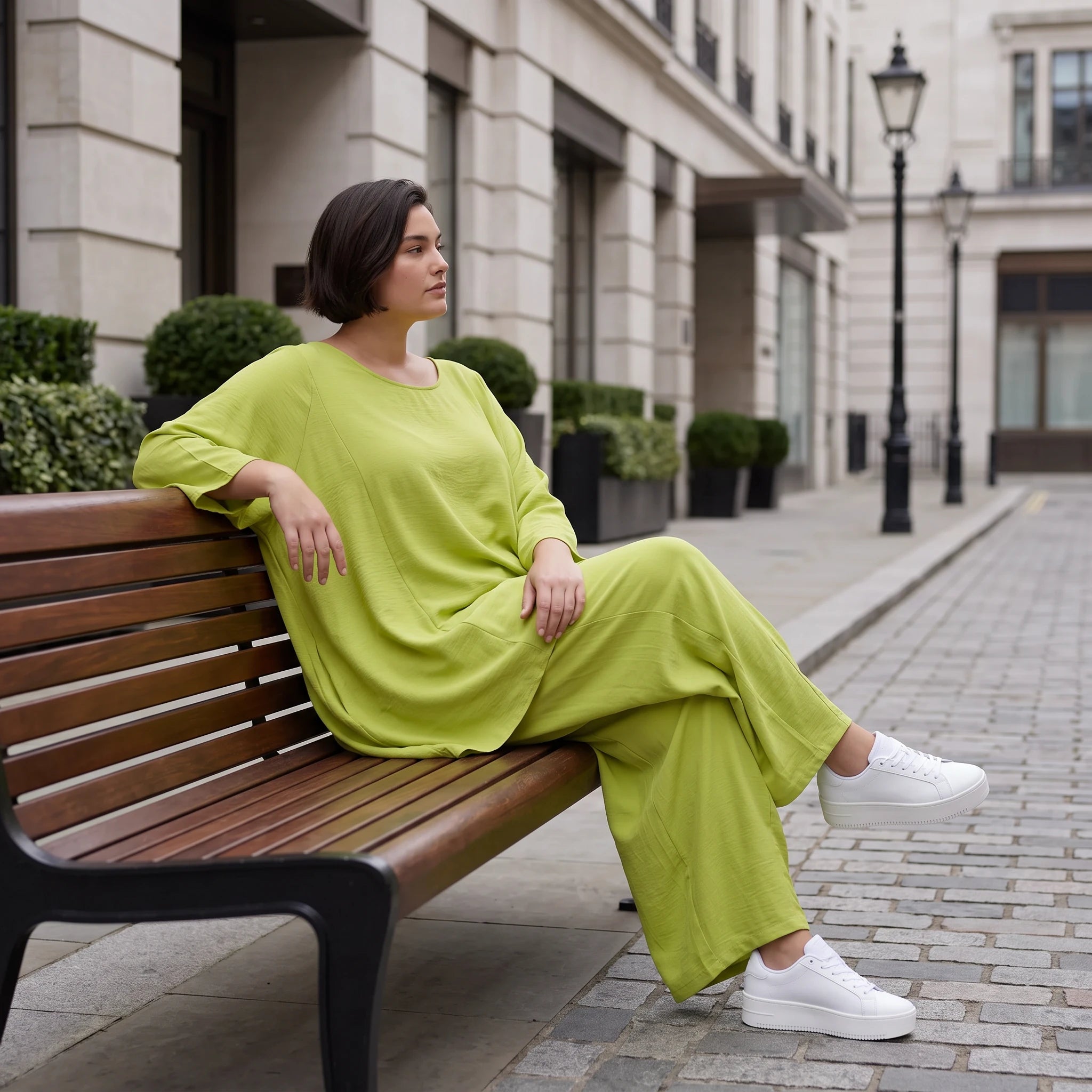 Apfelgrün Oversize Shirt im Lagenlook leger ausgefallen mit Leinenoptik luftig asymmetrisch