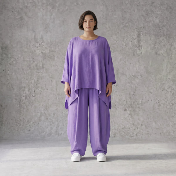 Flieder Oversize Shirt in Leinenoptik entspannt besonders mit Lagenlook Vokuhila Schnitt