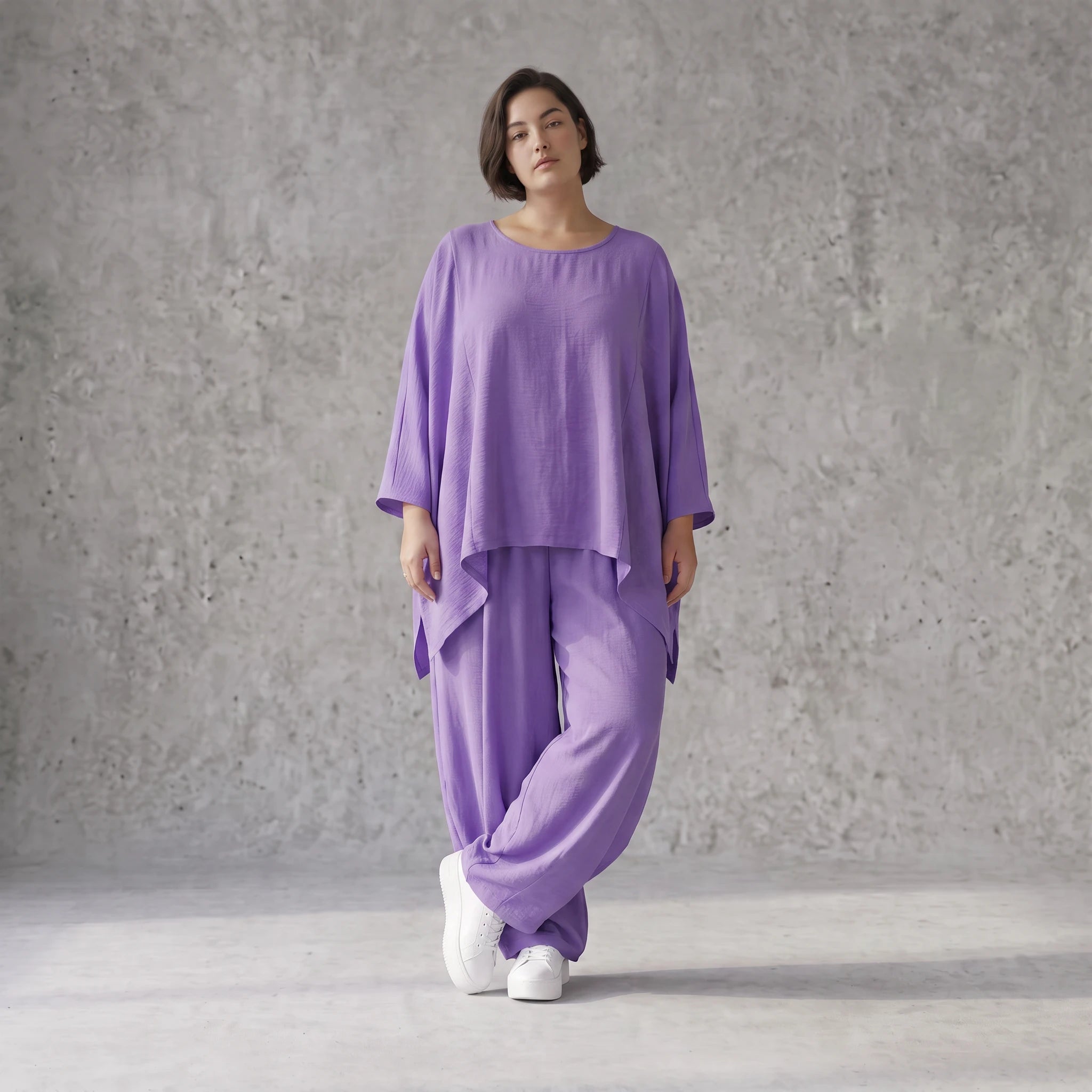 Flieder Oversize Shirt in Leinenoptik entspannt besonders mit Lagenlook Vokuhila Schnitt