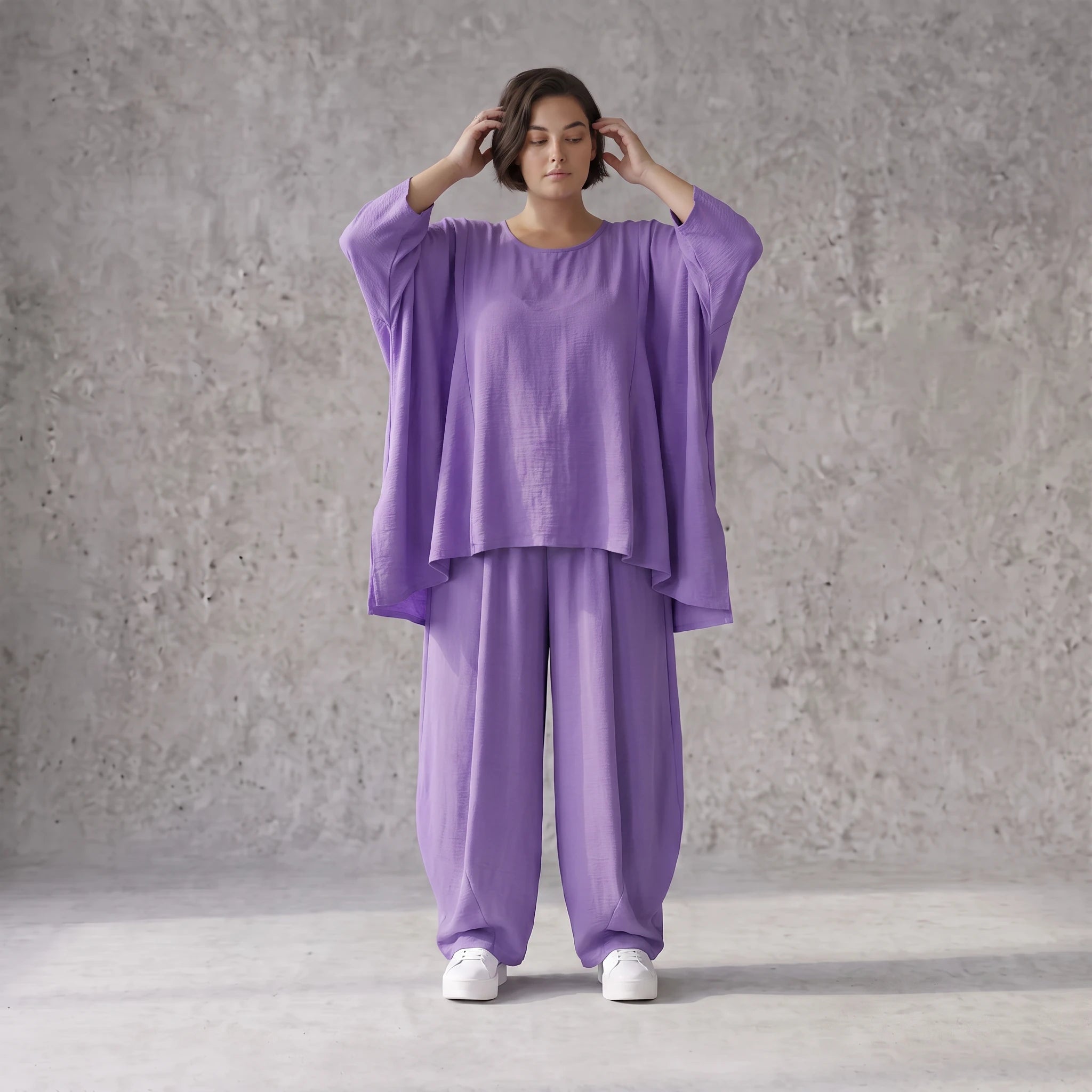 Flieder Oversize Shirt in Leinenoptik entspannt besonders mit Lagenlook Vokuhila Schnitt
