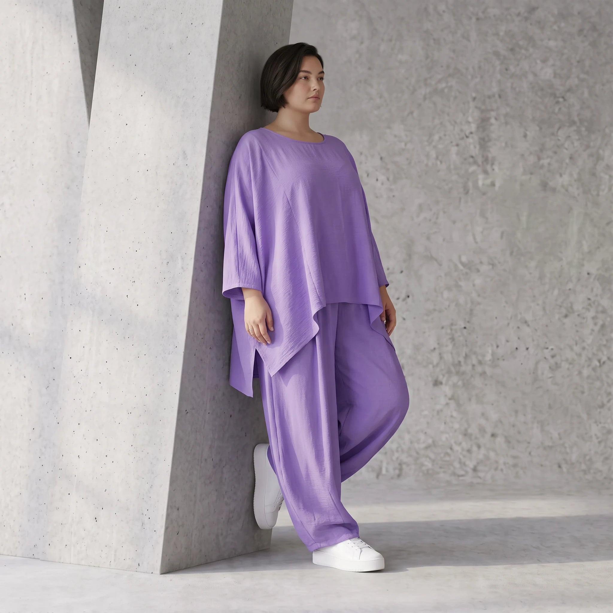 Flieder Oversize Shirt in Leinenoptik entspannt besonders mit Lagenlook Vokuhila Schnitt