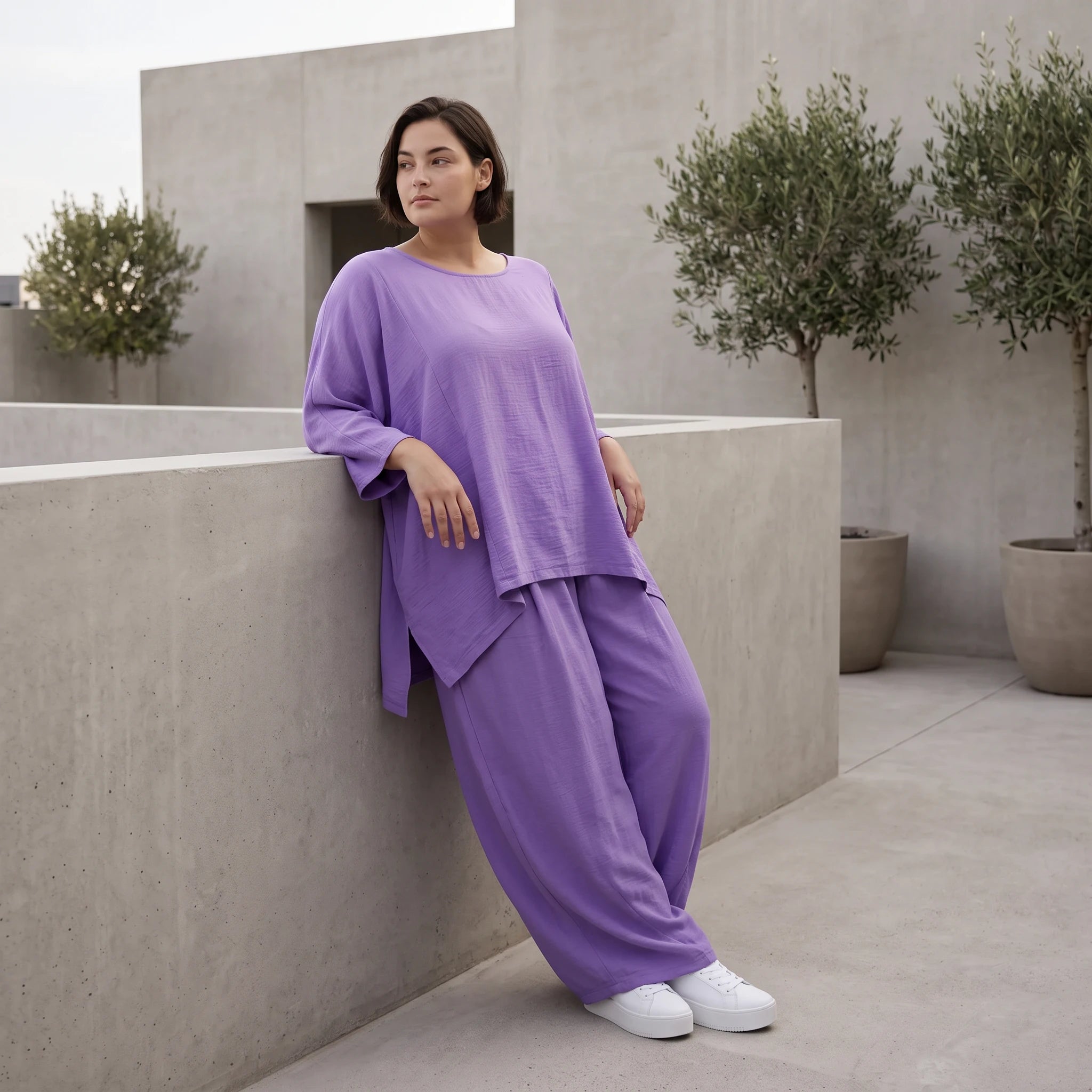 Flieder Oversize Shirt in Leinenoptik entspannt besonders mit Lagenlook Vokuhila Schnitt