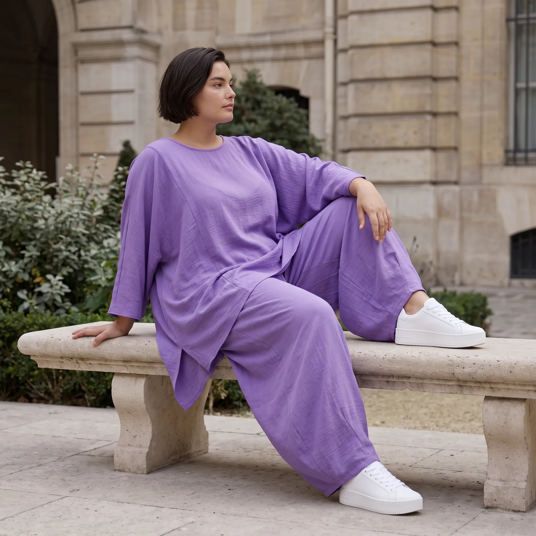 Flieder Oversize Shirt in Leinenoptik entspannt besonders mit Lagenlook Vokuhila Schnitt