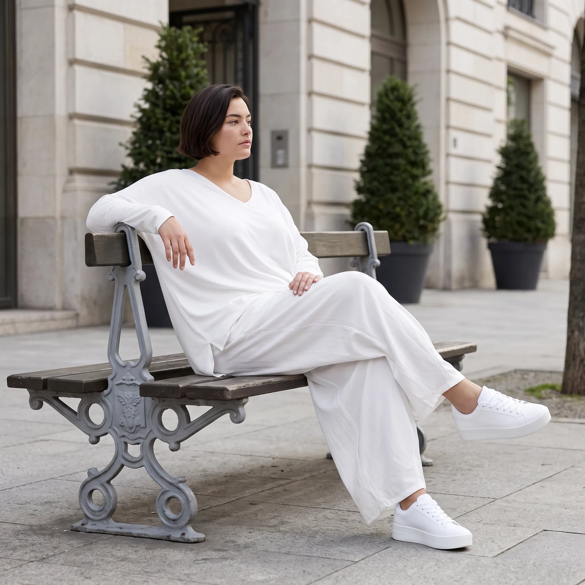 Zeitlose Weiß Ballonhose im Lagenlook Oversize sehr luftig mit Leinenoptik sommerlich