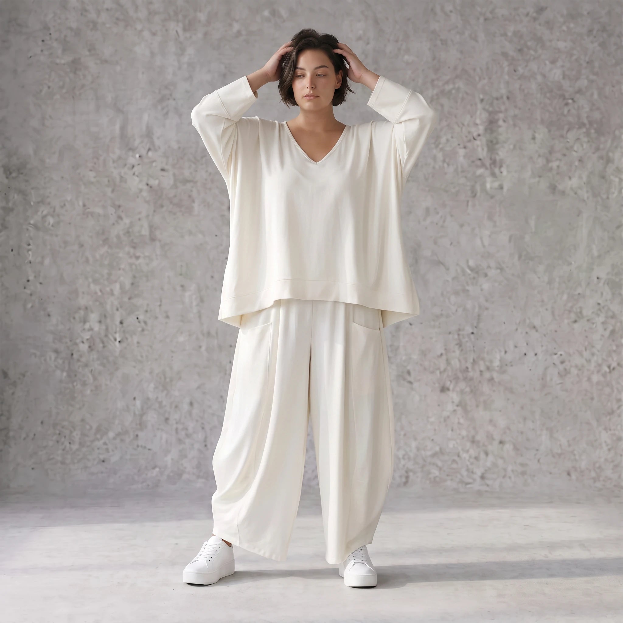 Creme Ballonhose im Lagenlook leger Oversize mit Leinengefühl zeitlos ausgefallen soft