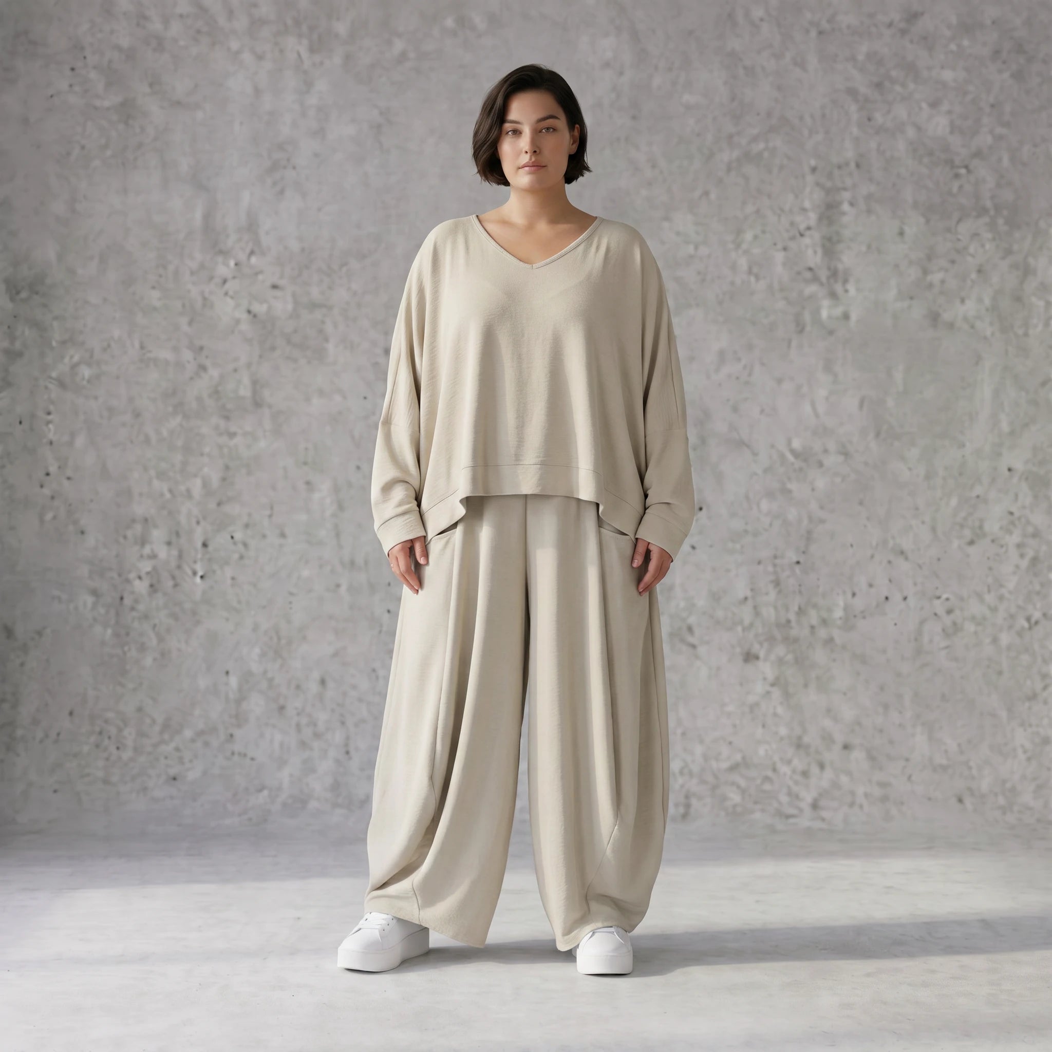 Beige Leinenlook Ballonhose Oversize leger ausgefallen zeitlos mit Crashstruktur weich