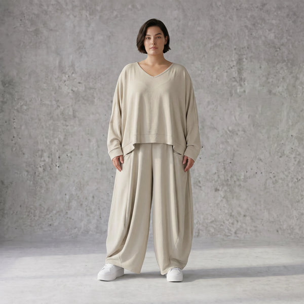 Beige Leinenlook Ballonhose Oversize leger ausgefallen zeitlos mit Crashstruktur weich