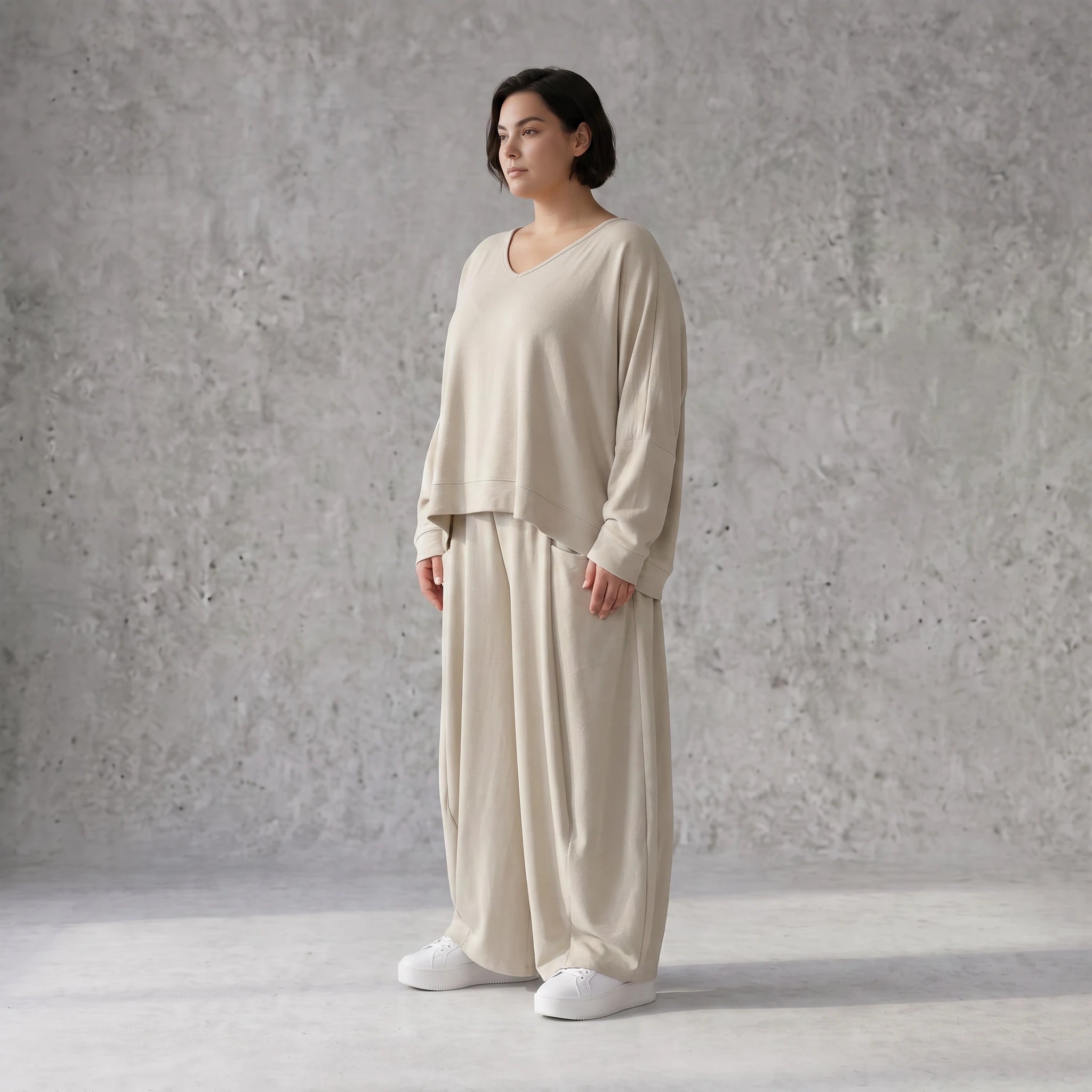 Beige Leinenlook Ballonhose Oversize leger ausgefallen zeitlos mit Crashstruktur weich