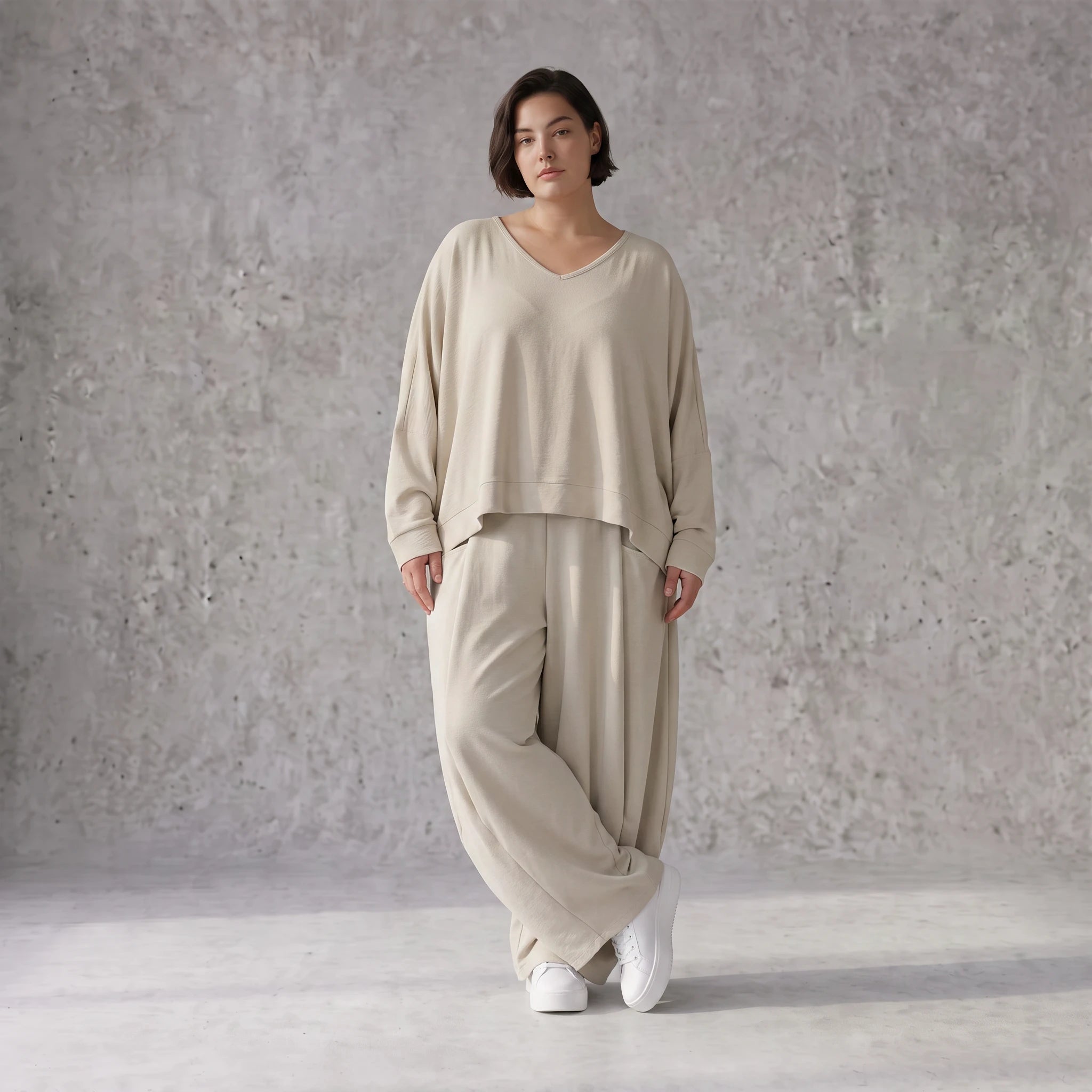 Beige Leinenlook Ballonhose Oversize leger ausgefallen zeitlos mit Crashstruktur weich