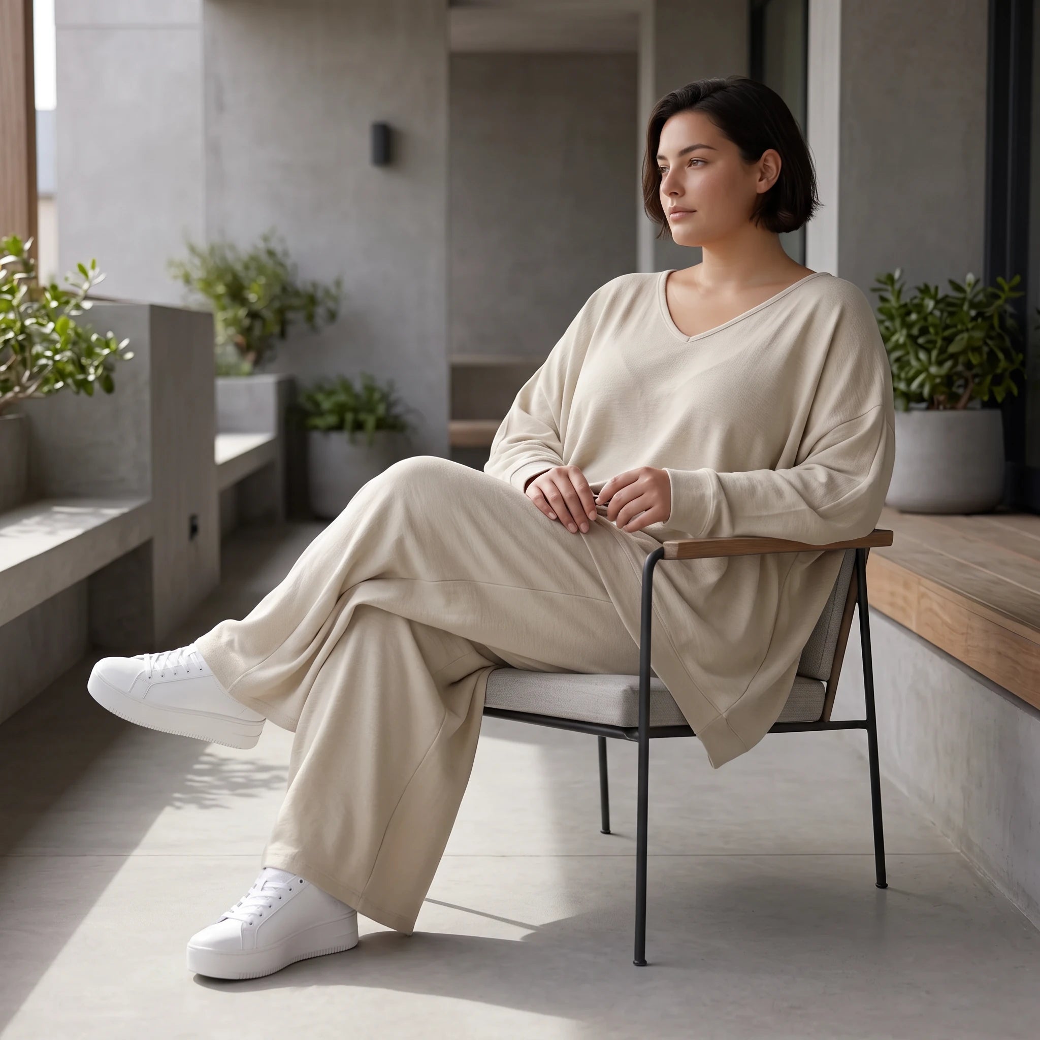 Beige Leinenlook Ballonhose Oversize leger ausgefallen zeitlos mit Crashstruktur weich