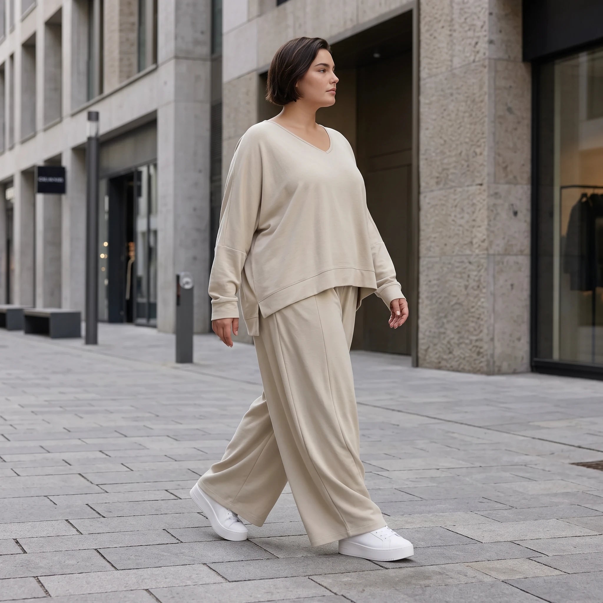 Beige Leinenlook Ballonhose Oversize leger ausgefallen zeitlos mit Crashstruktur weich