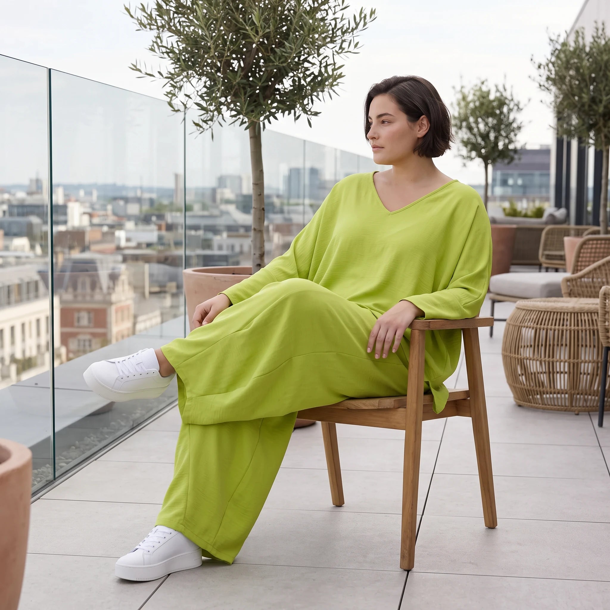 Ballonhose Apfelgrün fliessend neu Lagenlook Oversized lässig zeitlos bequem weites Bein