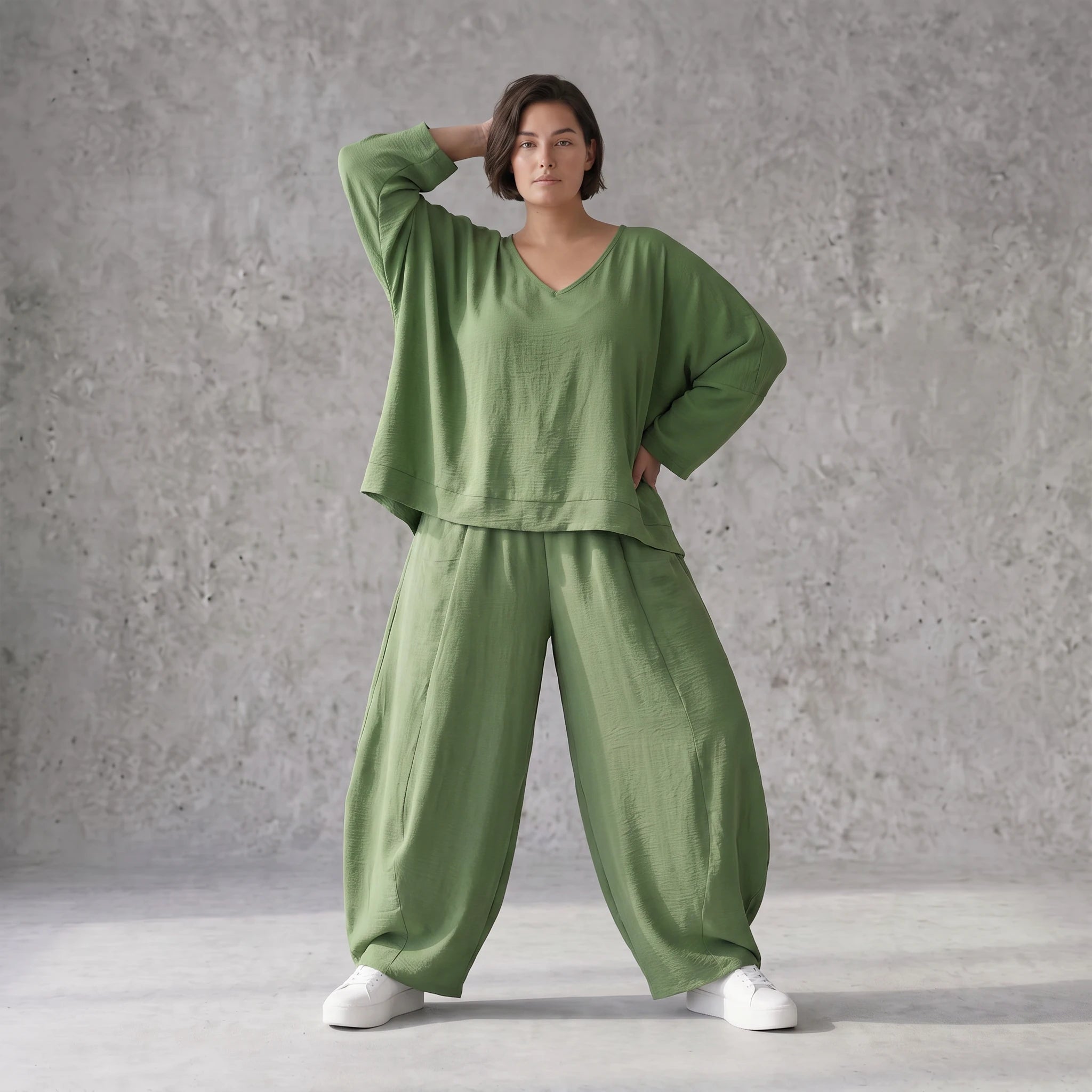 Locker geschnitten Oversize Ballonhose Khaki im Lagenlook aus Leinen luftig zeitlos soft