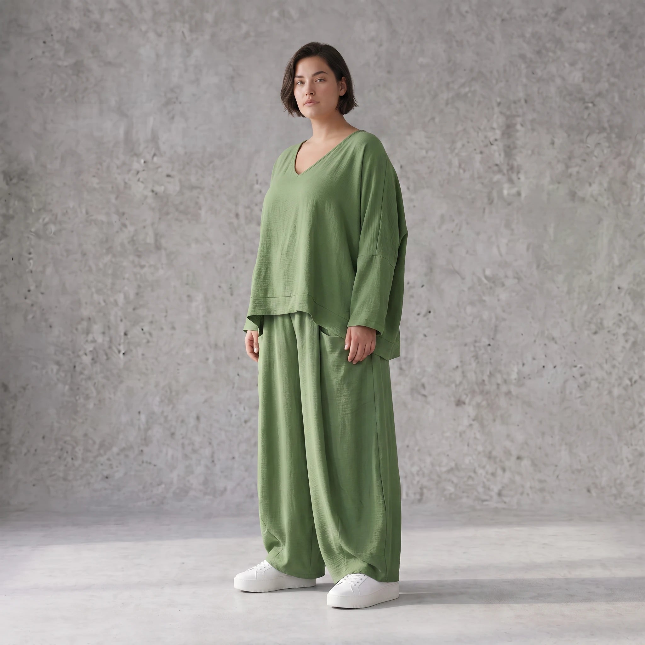 Locker geschnitten Oversize Ballonhose Khaki im Lagenlook aus Leinen luftig zeitlos soft