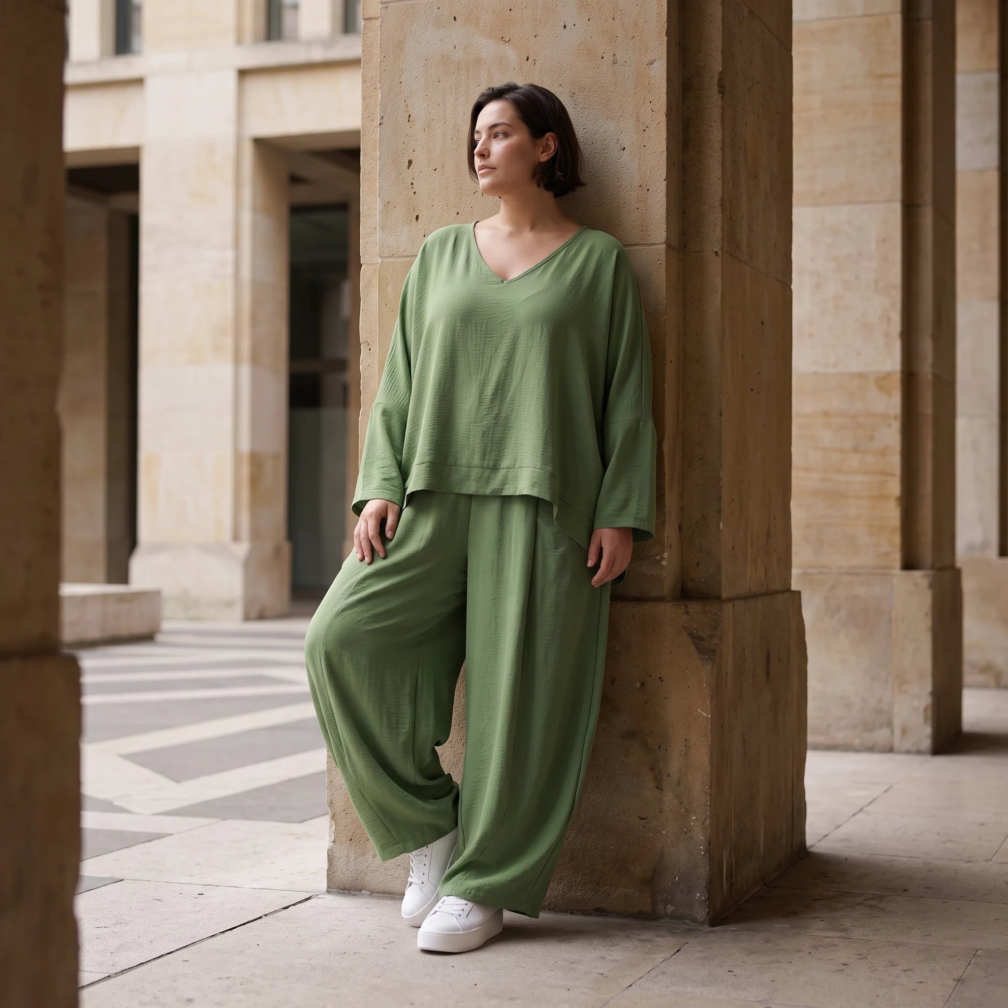 Locker geschnitten Oversize Ballonhose Khaki im Lagenlook aus Leinen luftig zeitlos soft