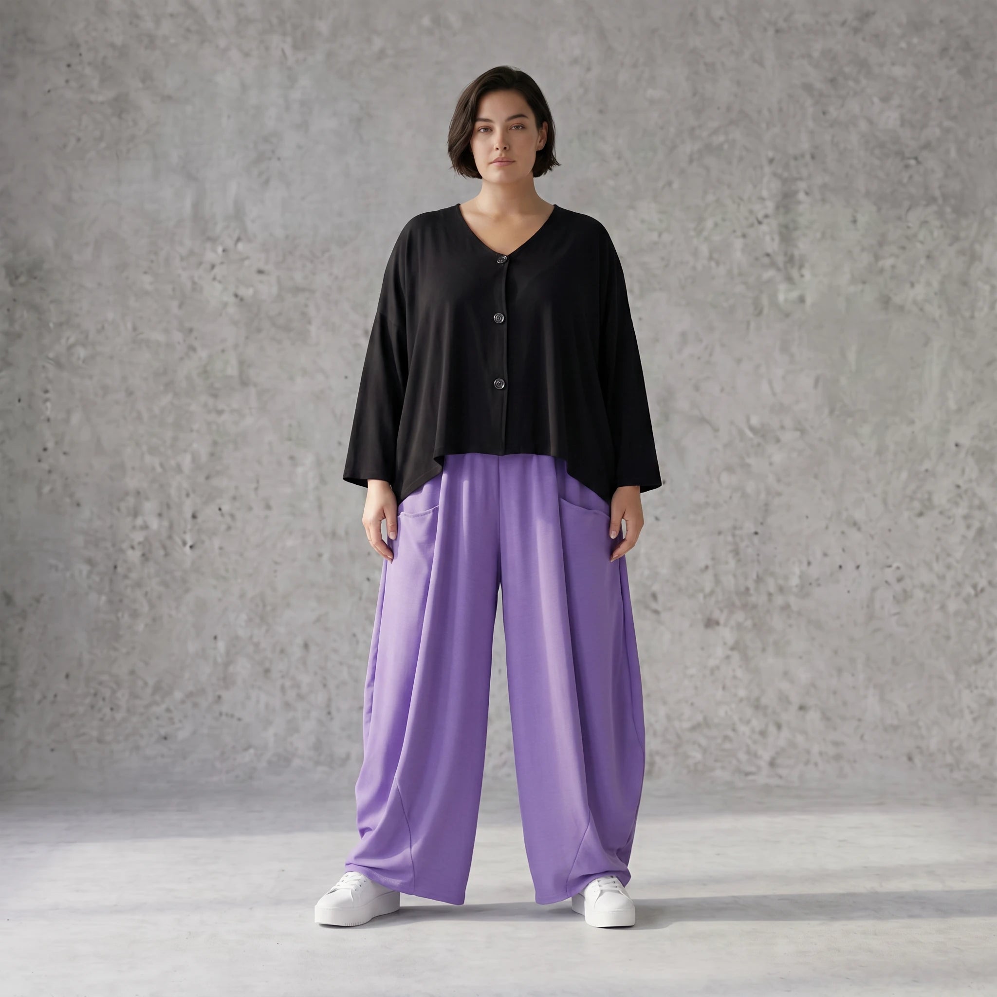 Flieder Ballonhose Leinenmix Oversize Lagenlook leger zeitlos weich fliessend sehr modern