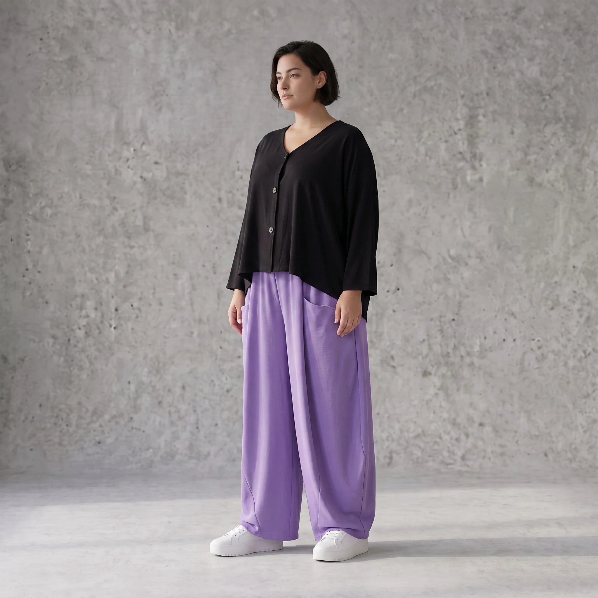Flieder Ballonhose Leinenmix Oversize Lagenlook leger zeitlos weich fliessend sehr modern