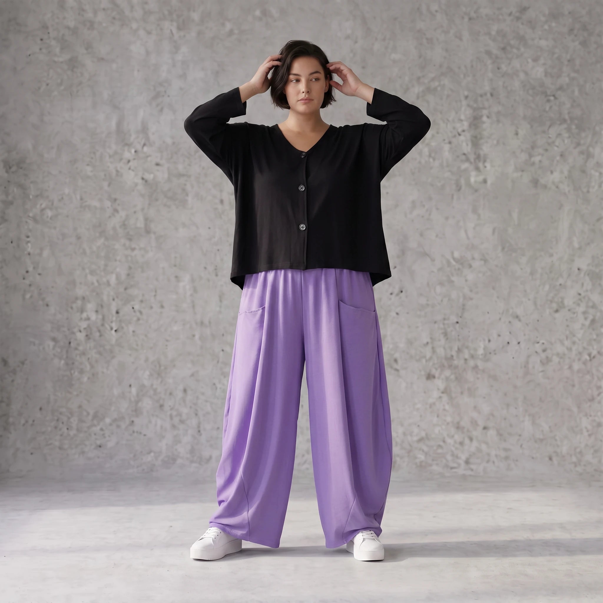 Flieder Ballonhose Leinenmix Oversize Lagenlook leger zeitlos weich fliessend sehr modern