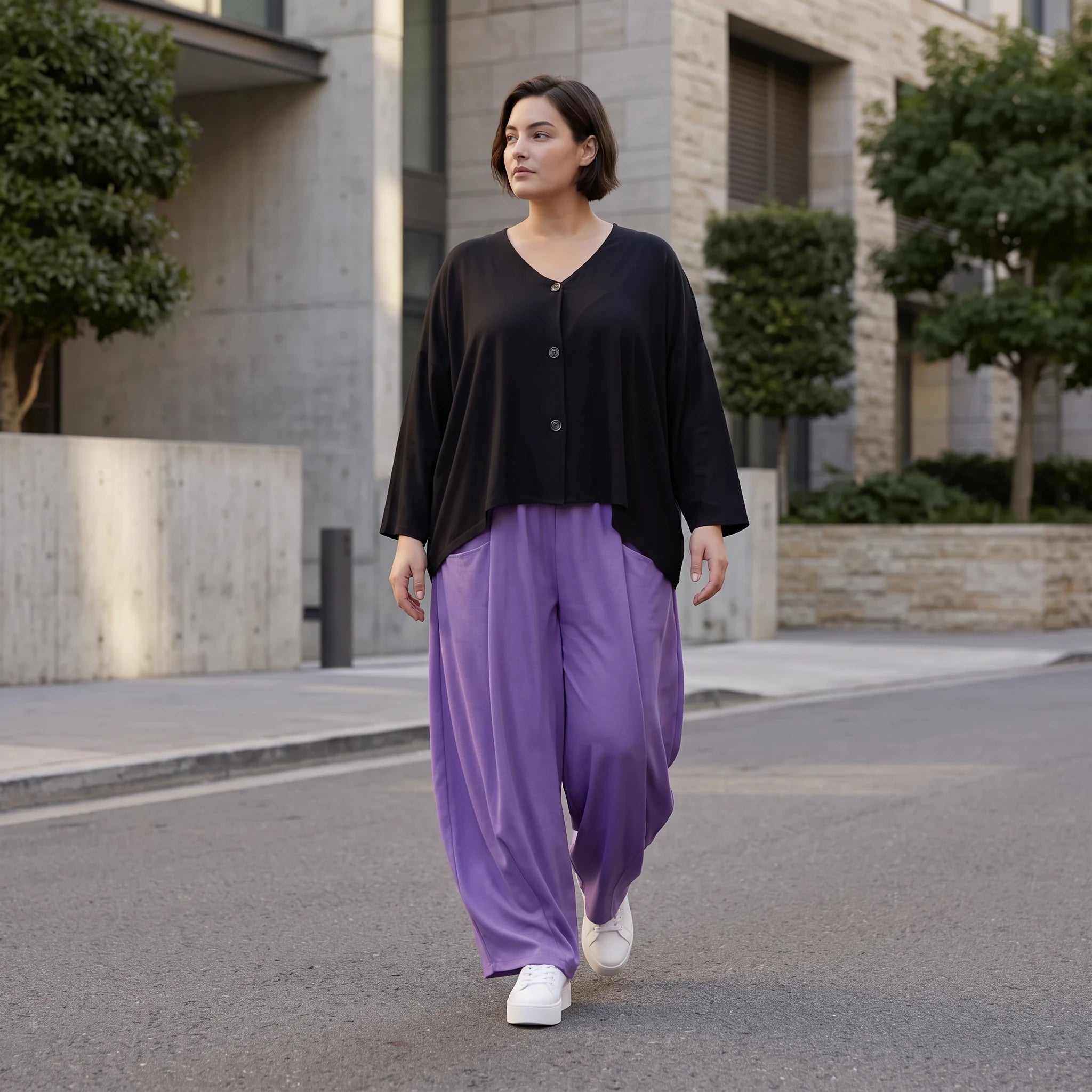 Flieder Ballonhose Leinenmix Oversize Lagenlook leger zeitlos weich fliessend sehr modern