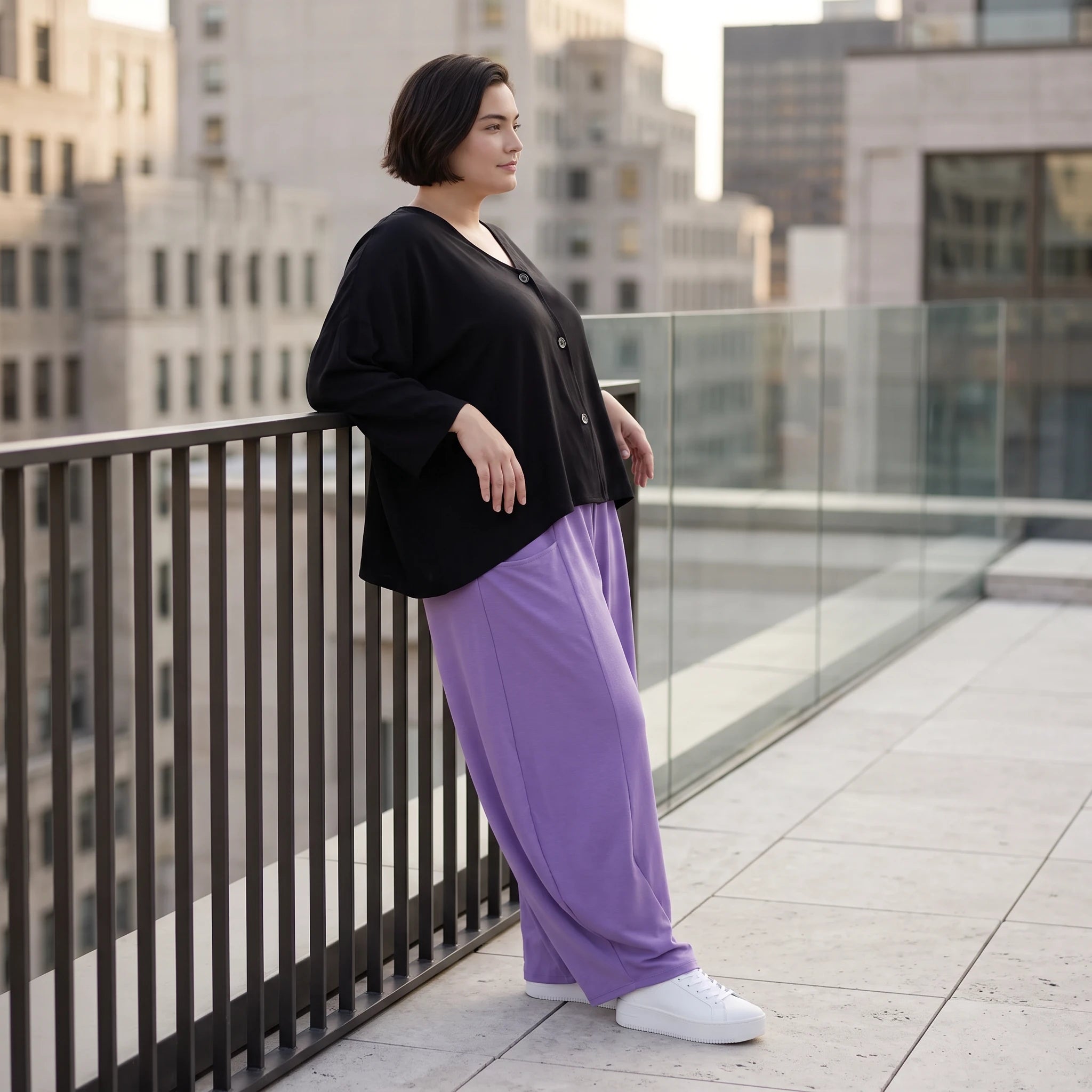 Flieder Ballonhose Leinenmix Oversize Lagenlook leger zeitlos weich fliessend sehr modern