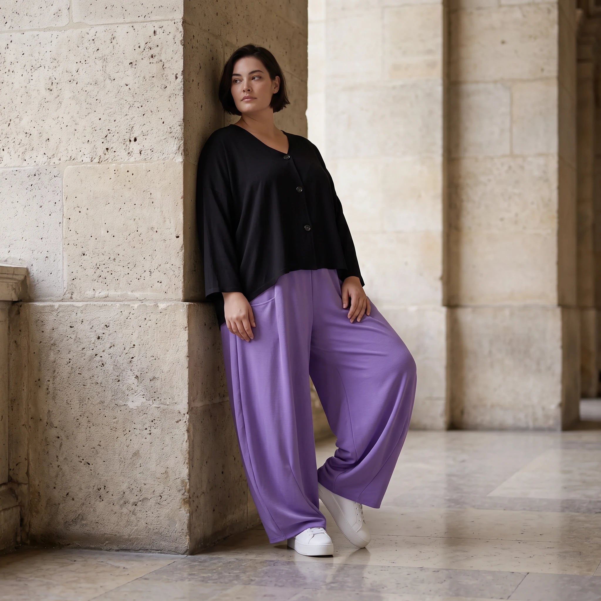 Flieder Ballonhose Leinenmix Oversize Lagenlook leger zeitlos weich fliessend sehr modern
